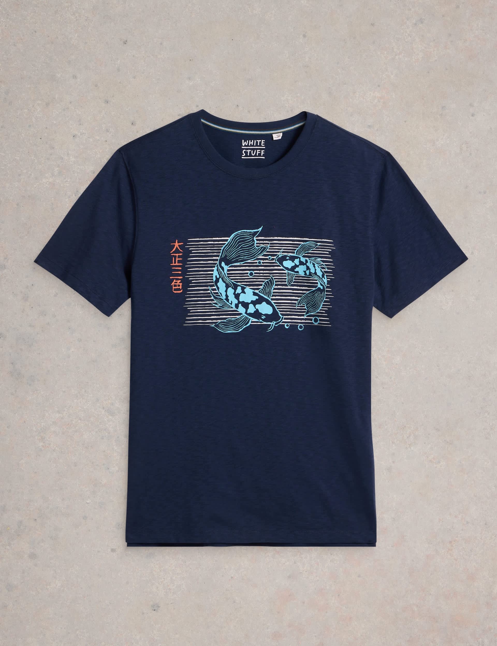 White Stuff Men's Pure Cotton Koi Fish Graphic T-Shirt - M - Navy Mix, Navy Mix