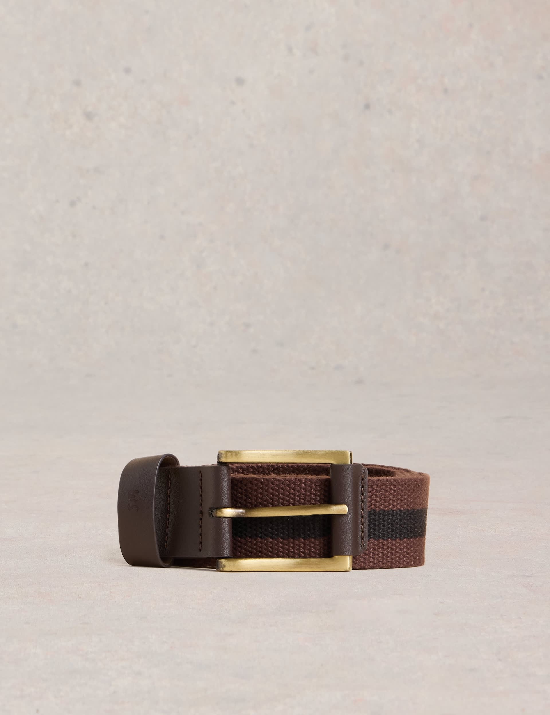 White Stuff Men's Webbing Stripe Rectangular Buckle Belt - S-M - Brown, Brown