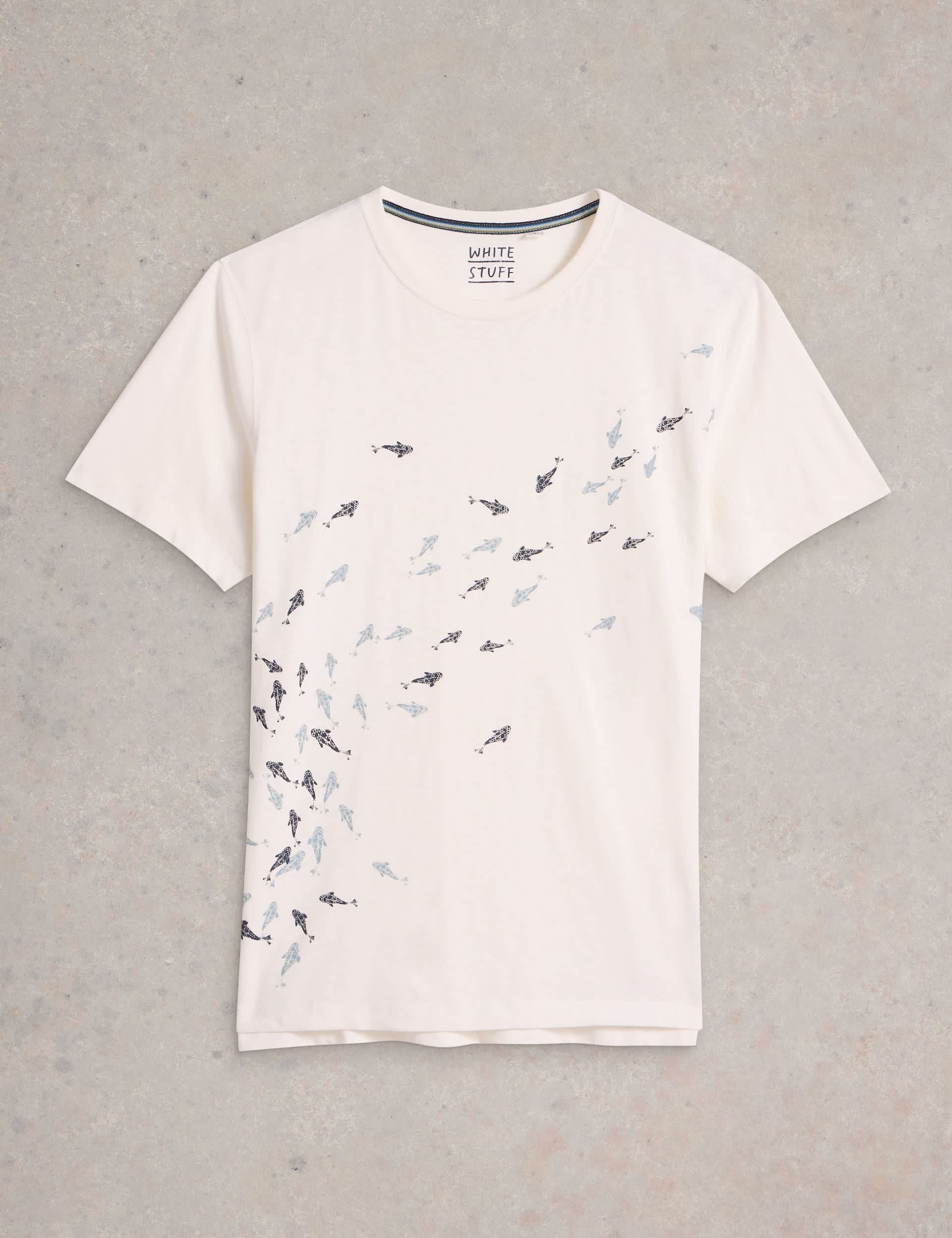 White Stuff Men's Pure Cotton Swimming Fish Graphic T-Shirt - White Mix, White Mix