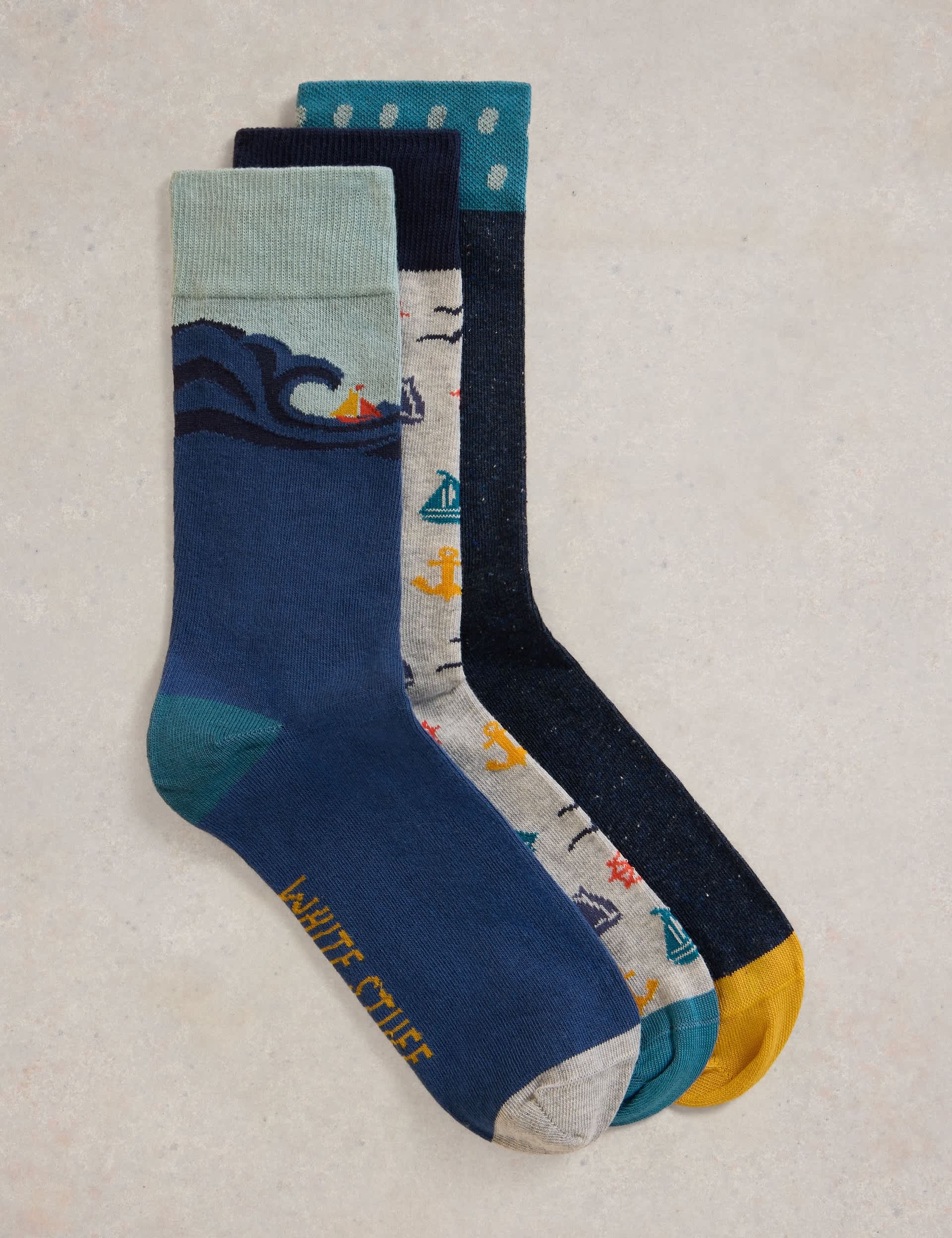 White Stuff Men's 3 Pack Assorted Cotton Rich Socks - 10-12 - Blue Mix, Blue Mix