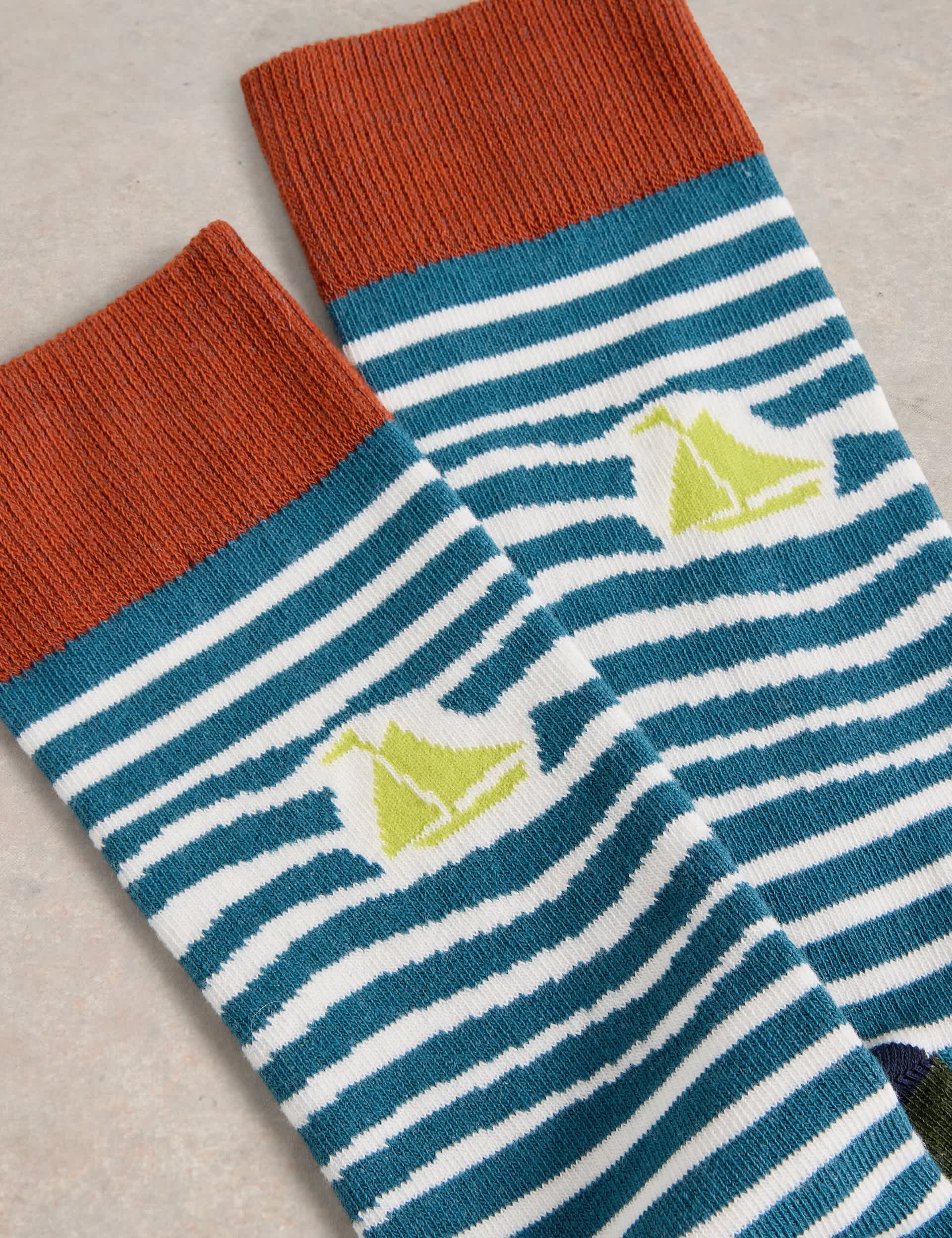 White Stuff Men's Sailing Striped Cotton Rich Ankle Socks - 7-9 - Teal Mix, Teal Mix