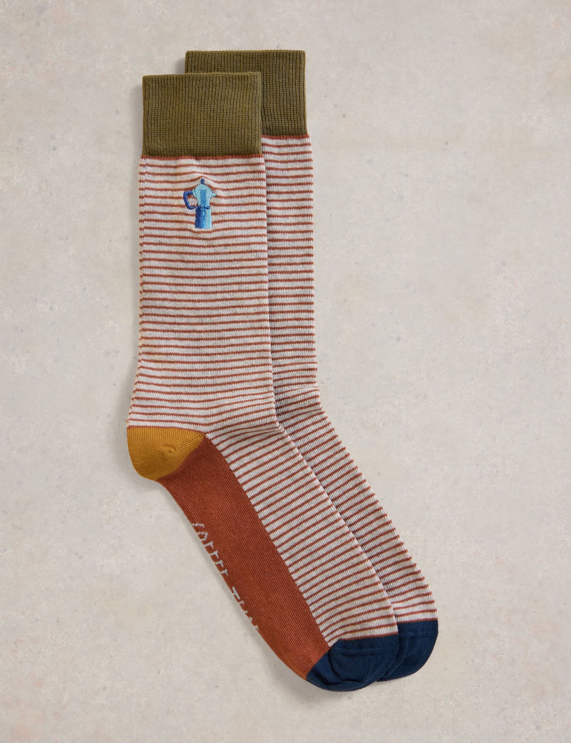 White Stuff Men's Striped Embroidered Cotton Rich Socks - 7-9 - Brown Mix, Brown Mix