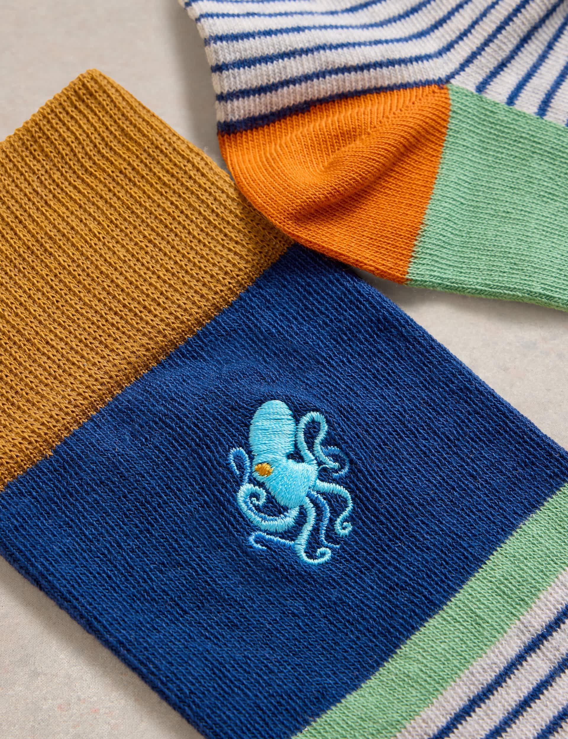 White Stuff Men's Embroidered Octopus Pure Cotton Socks - 7-9 - Blue Mix, Blue Mix