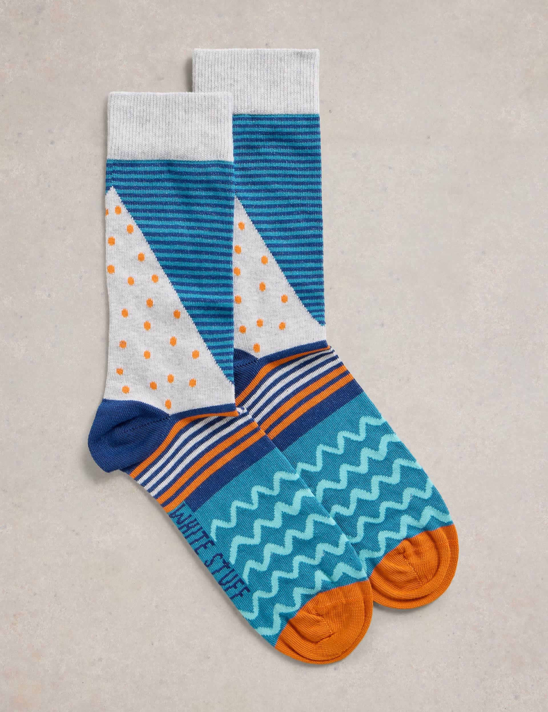 White Stuff Men's Cotton Rich Geometric Ankle Socks - 7-9 - Teal Mix, Teal Mix