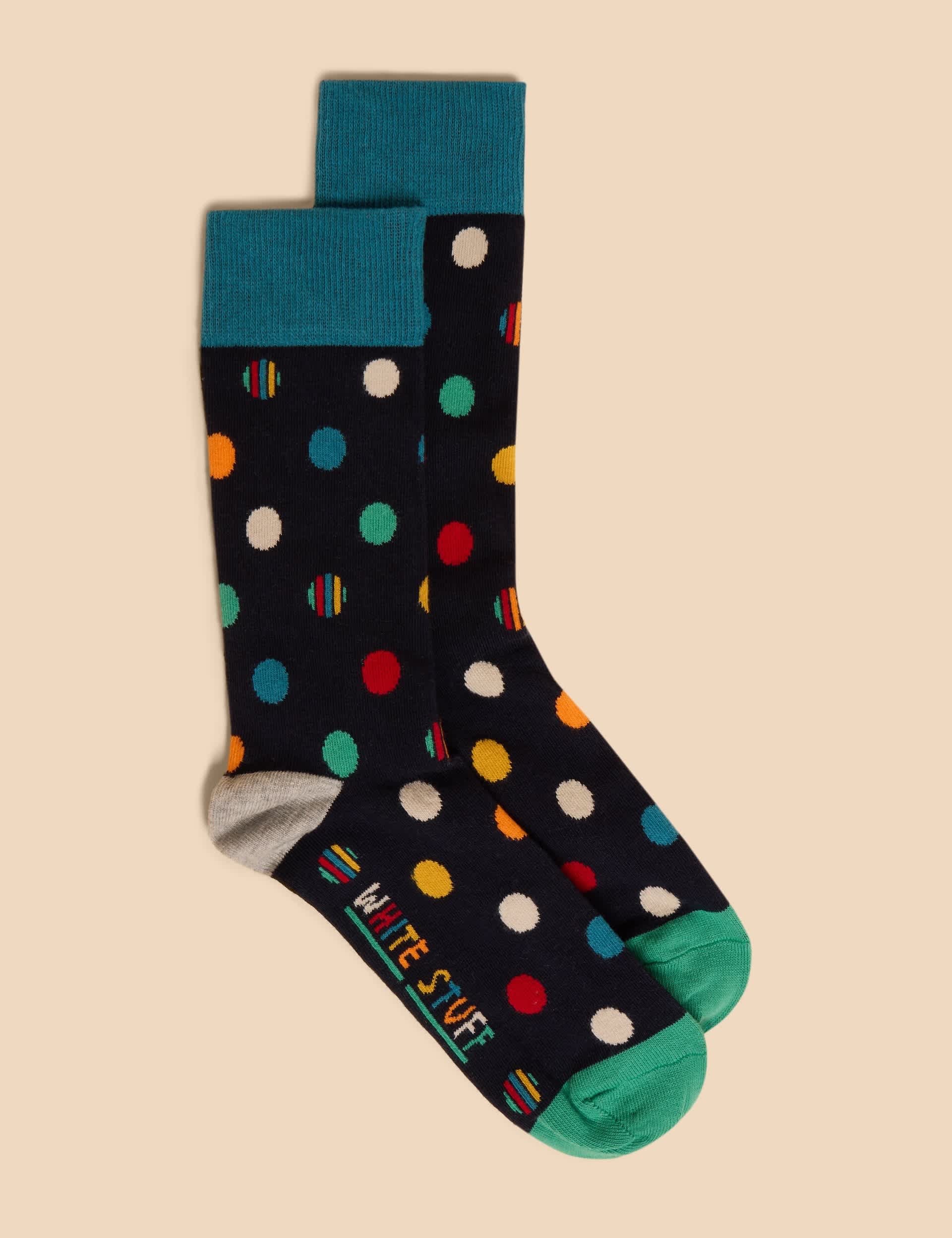 White Stuff Men's Polka Dot Cotton Rich Socks - 7-9 - Navy Mix, Navy Mix