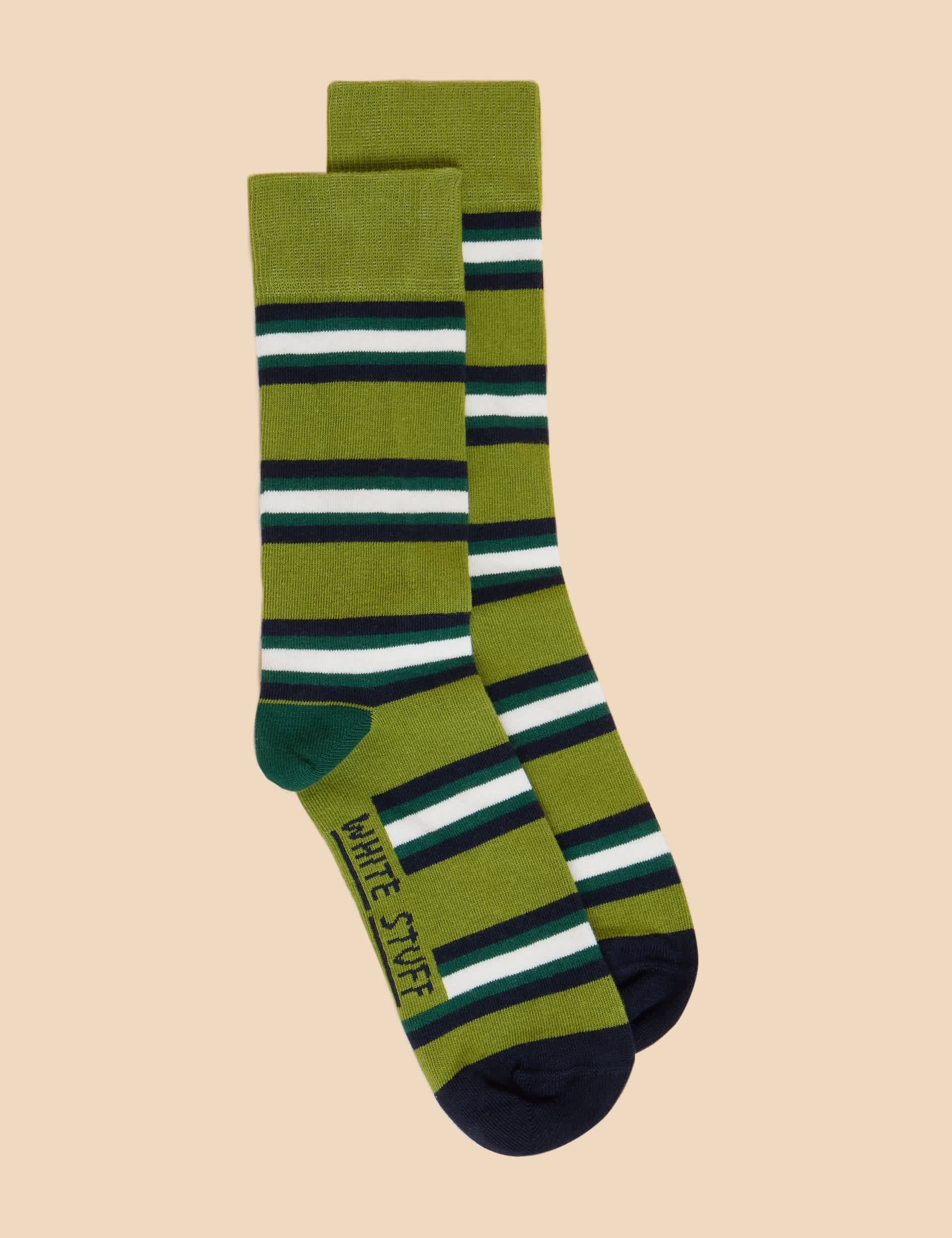 White Stuff Men's Striped Cotton Rich Socks - 10-12 - Green Mix, Green Mix