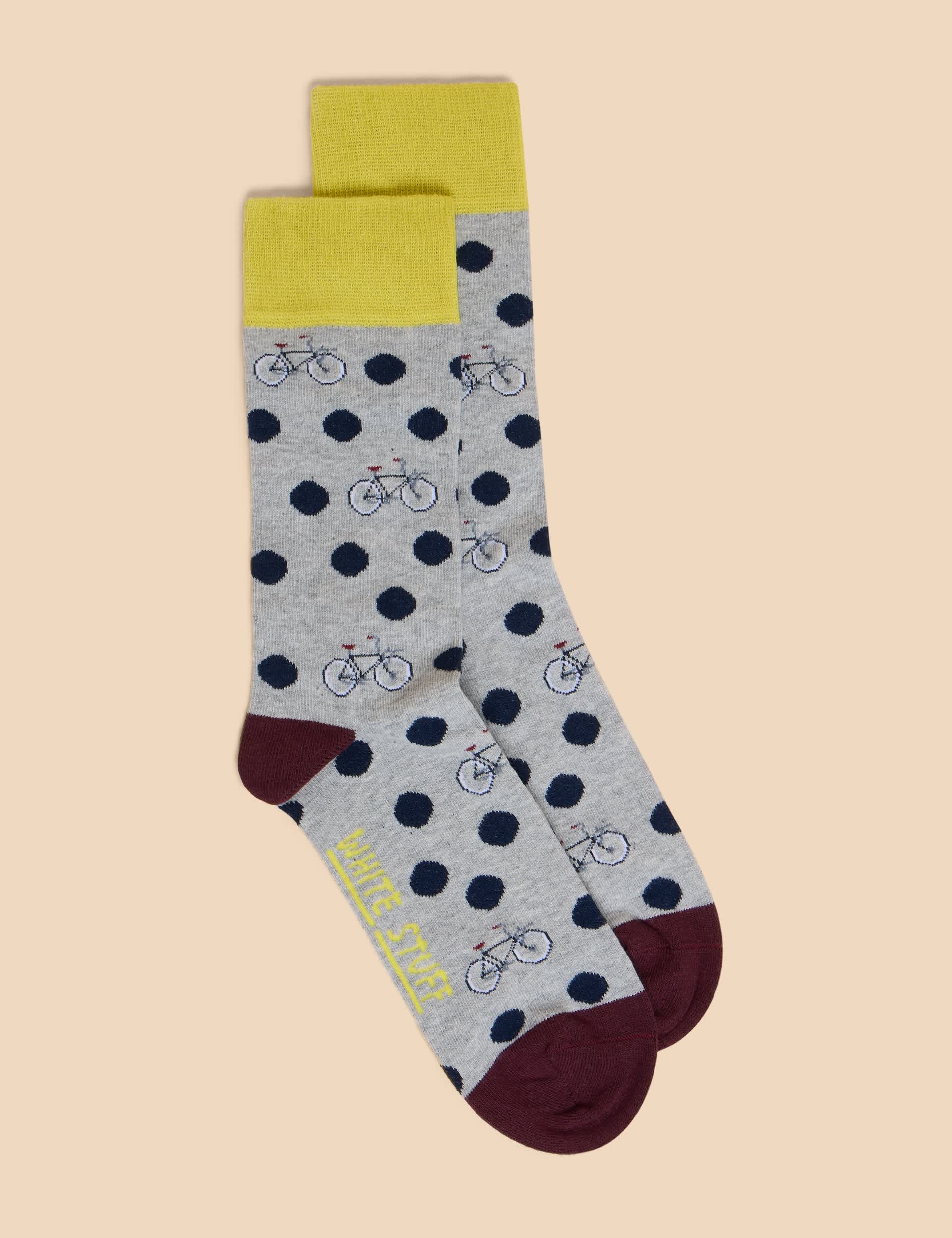 White Stuff Men's Bicycle Polka Dot Cotton Rich Socks - 10-12 - Grey Mix, Grey Mix