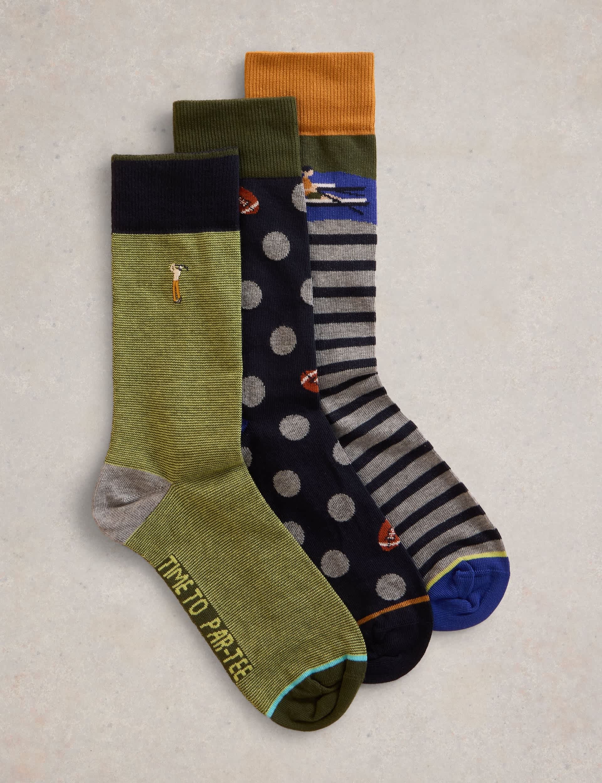 White Stuff Men's 3pk Novelty Cotton Rich Socks - 10-12 - Green Mix, Green Mix