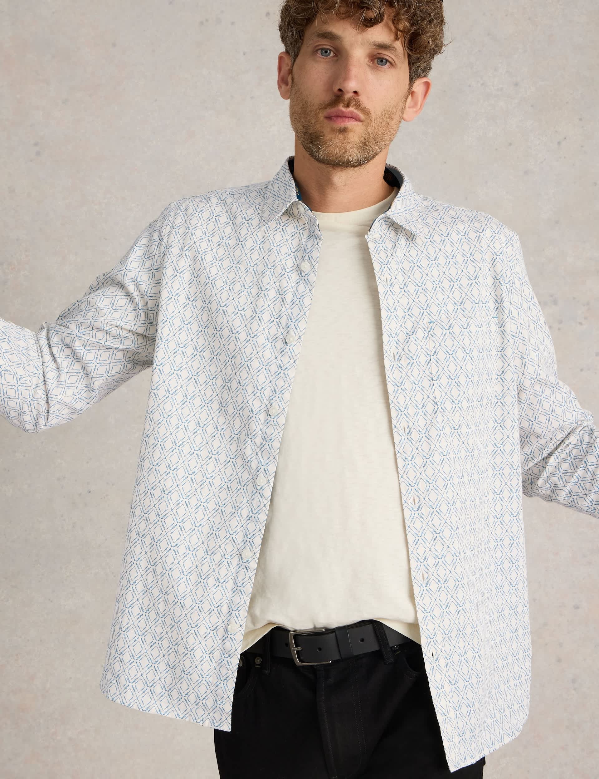 White Stuff Men's Pure Cotton Diamond Print Shirt
