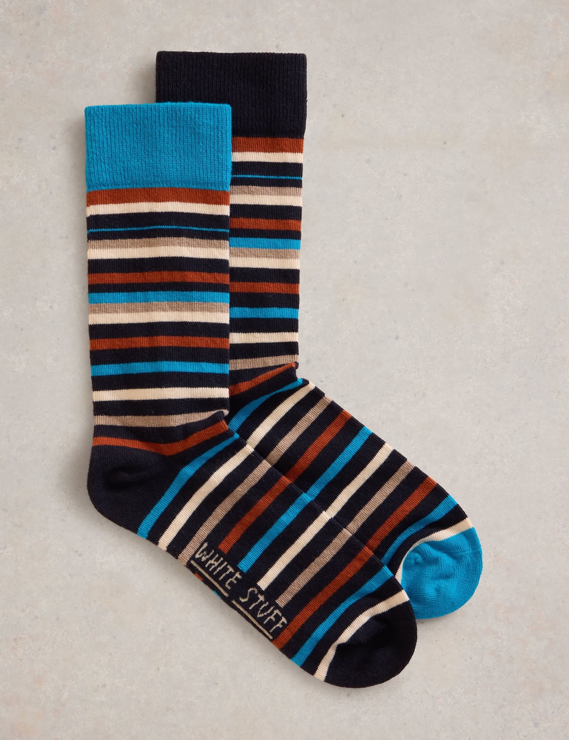 White Stuff Men's Striped Cotton Rich Socks - 10-12 - Blue Mix, Blue Mix