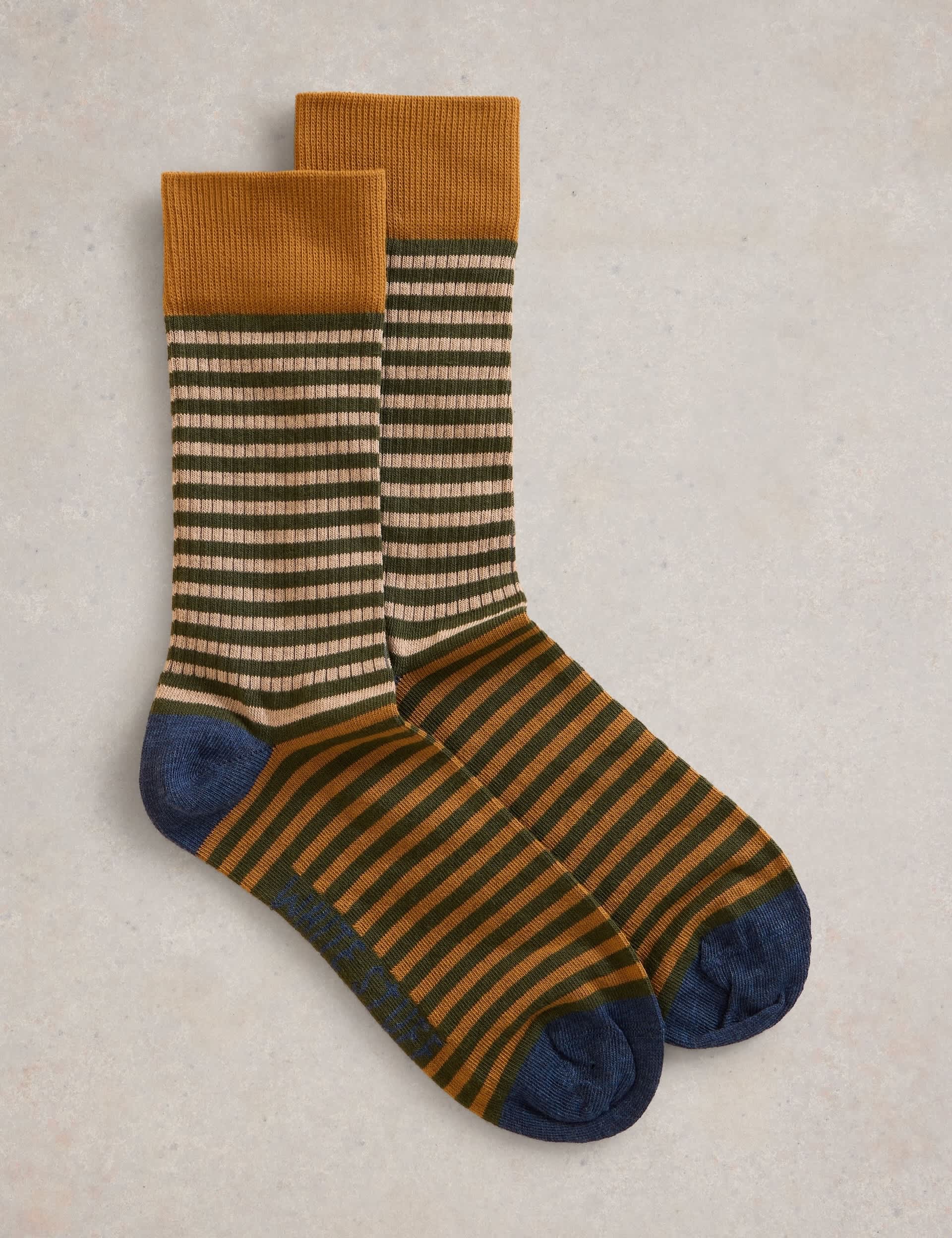 White Stuff Men's Striped Cotton Rich Socks - 7-9 - Green Mix, Green Mix