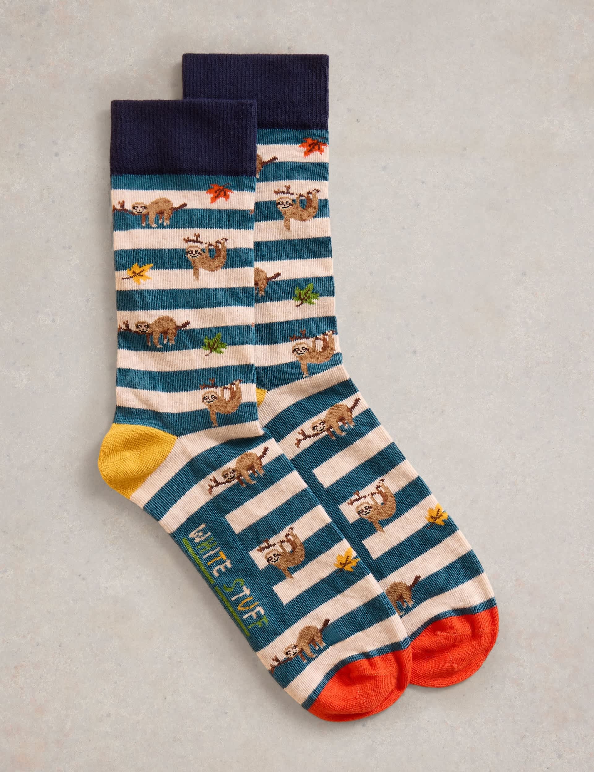 White Stuff Men's Sloth Print Cotton Rich Socks - 7-9 - Teal Mix, Teal Mix