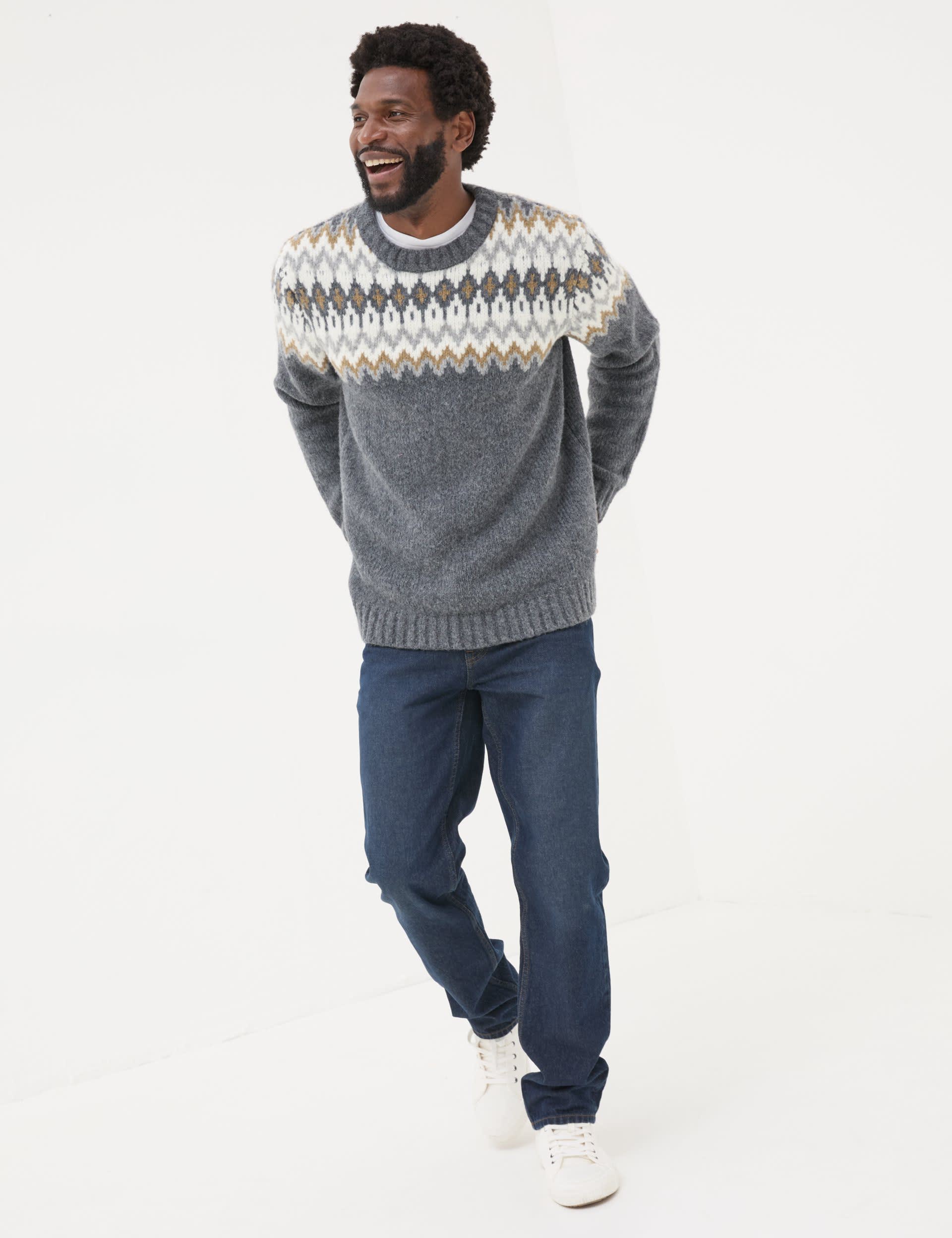 Fatface Men's Fair Isle Crew Neck Jumper with Wool - LREG - Grey Mix, Grey Mix