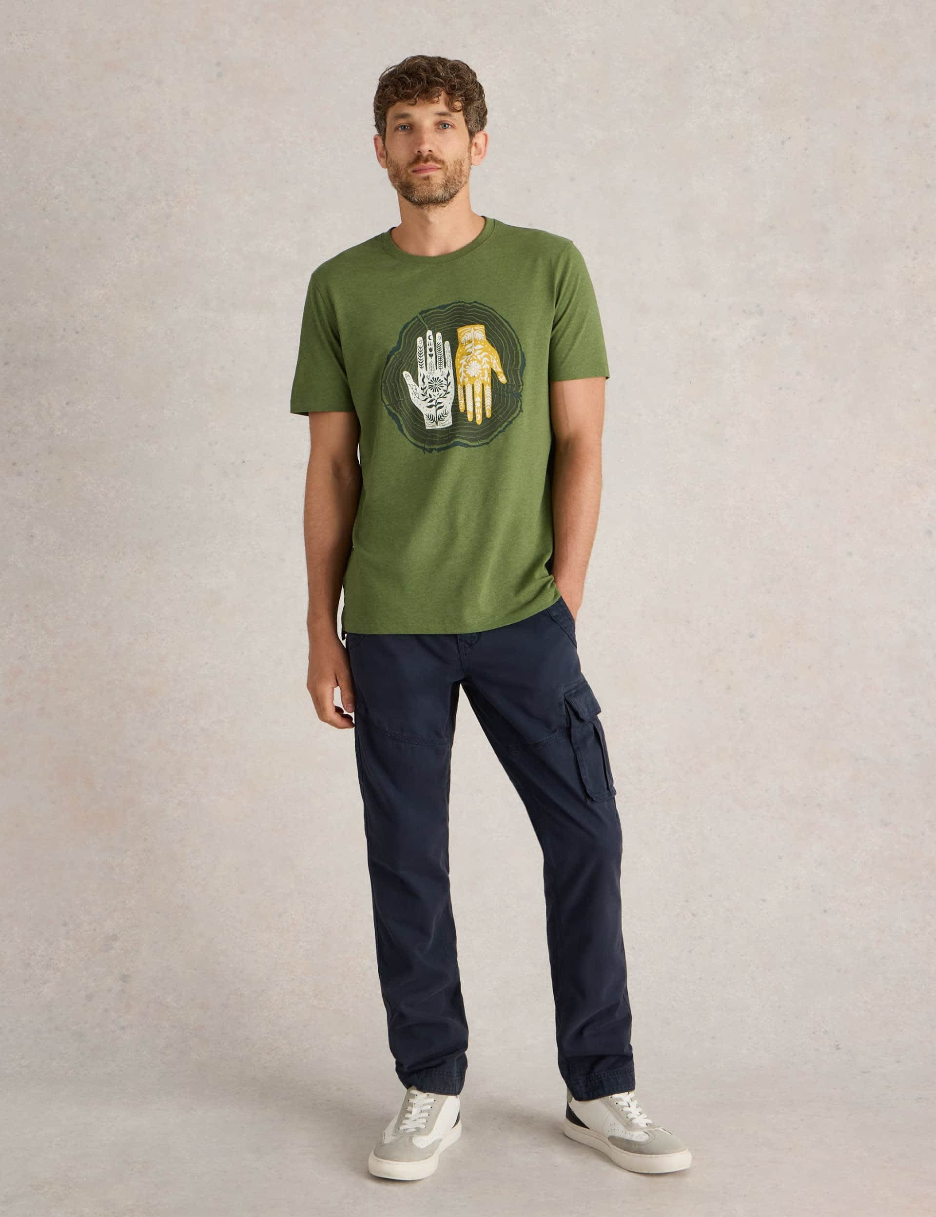 White Stuff Men's Cotton Rich Crew Neck Hand Graphic T-Shirt - XL - Green Mix, Green Mix