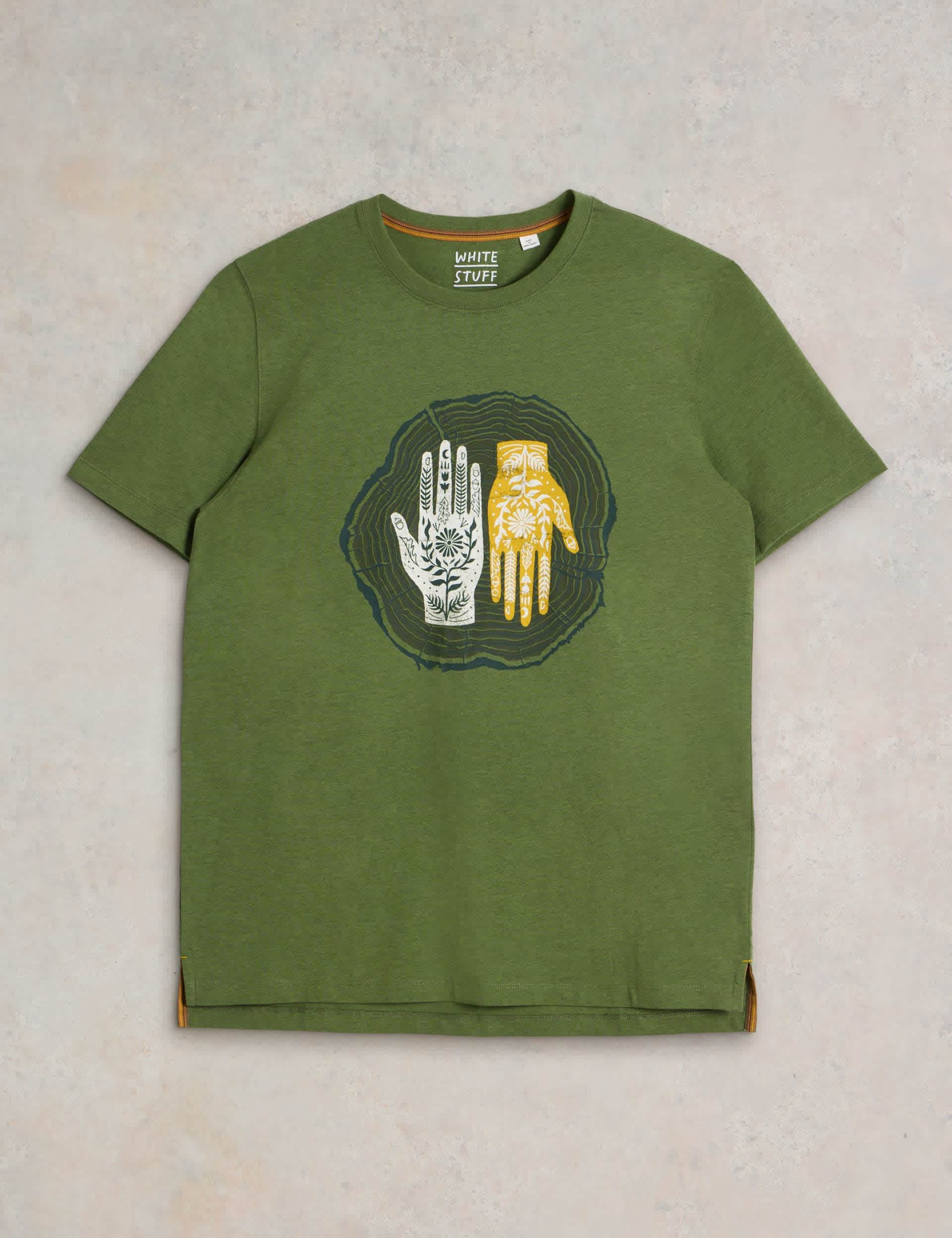 White Stuff Men's Cotton Rich Crew Neck Hand Graphic T-Shirt - Green Mix, Green Mix