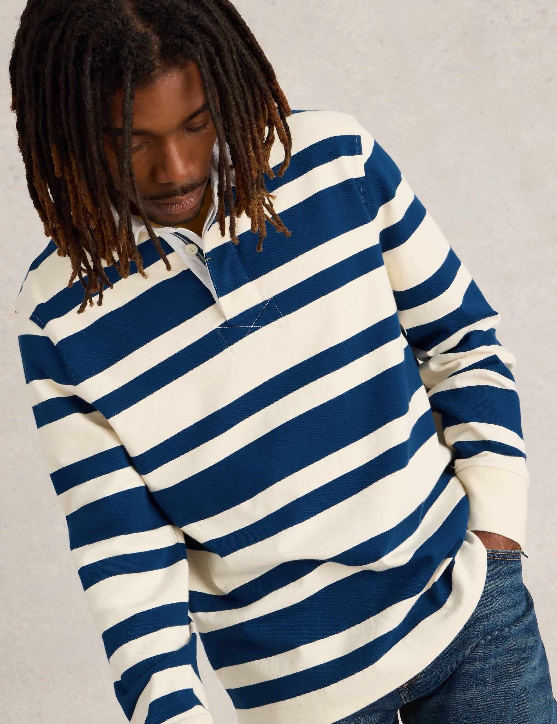 White Stuff Men's Pure Cotton Striped Long Sleeve Rugby Shirt - M - Navy Mix, Green Mix,Navy Mix