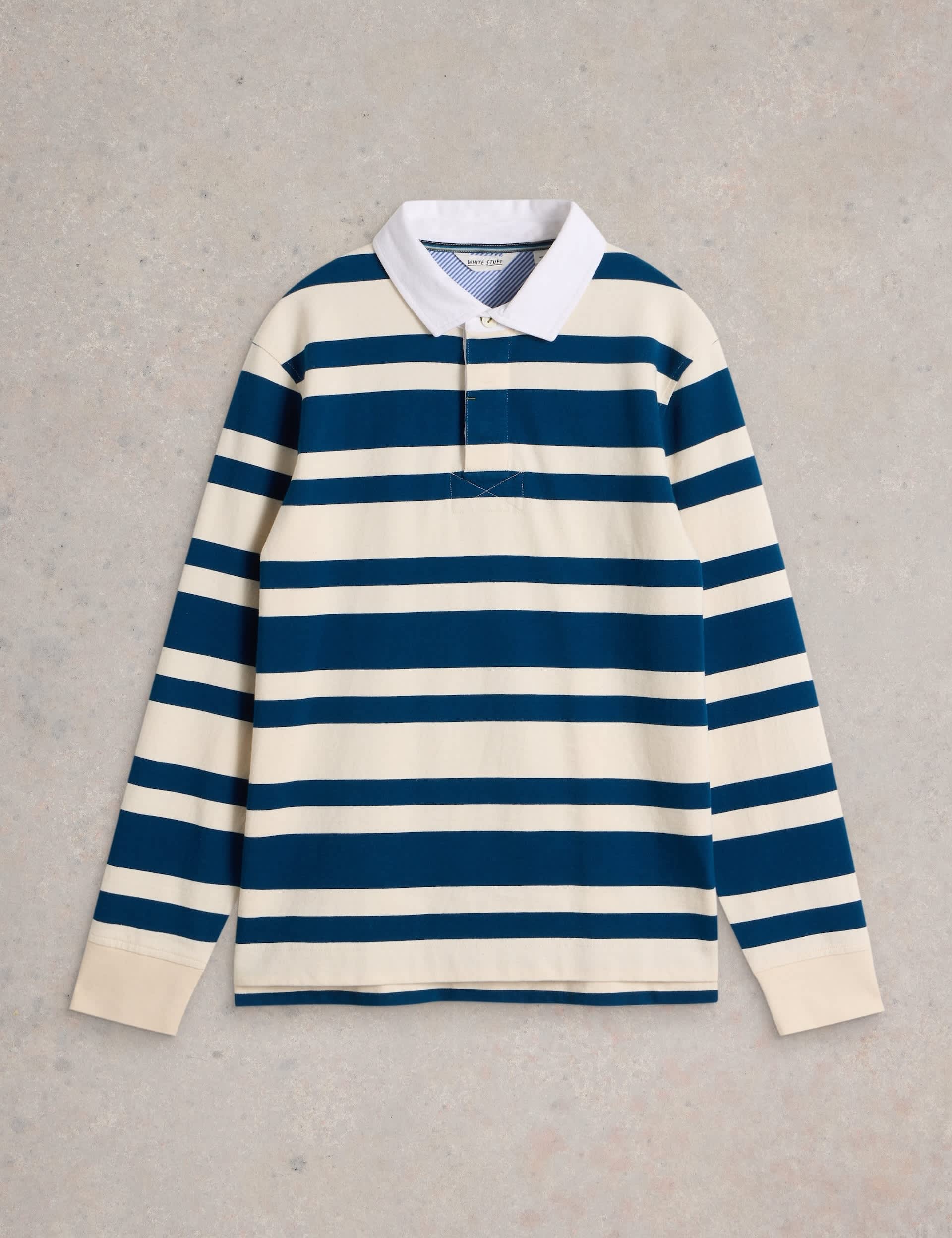 White Stuff Men's Pure Cotton Striped Long Sleeve Rugby Shirt - Navy Mix, Green Mix,Navy Mix