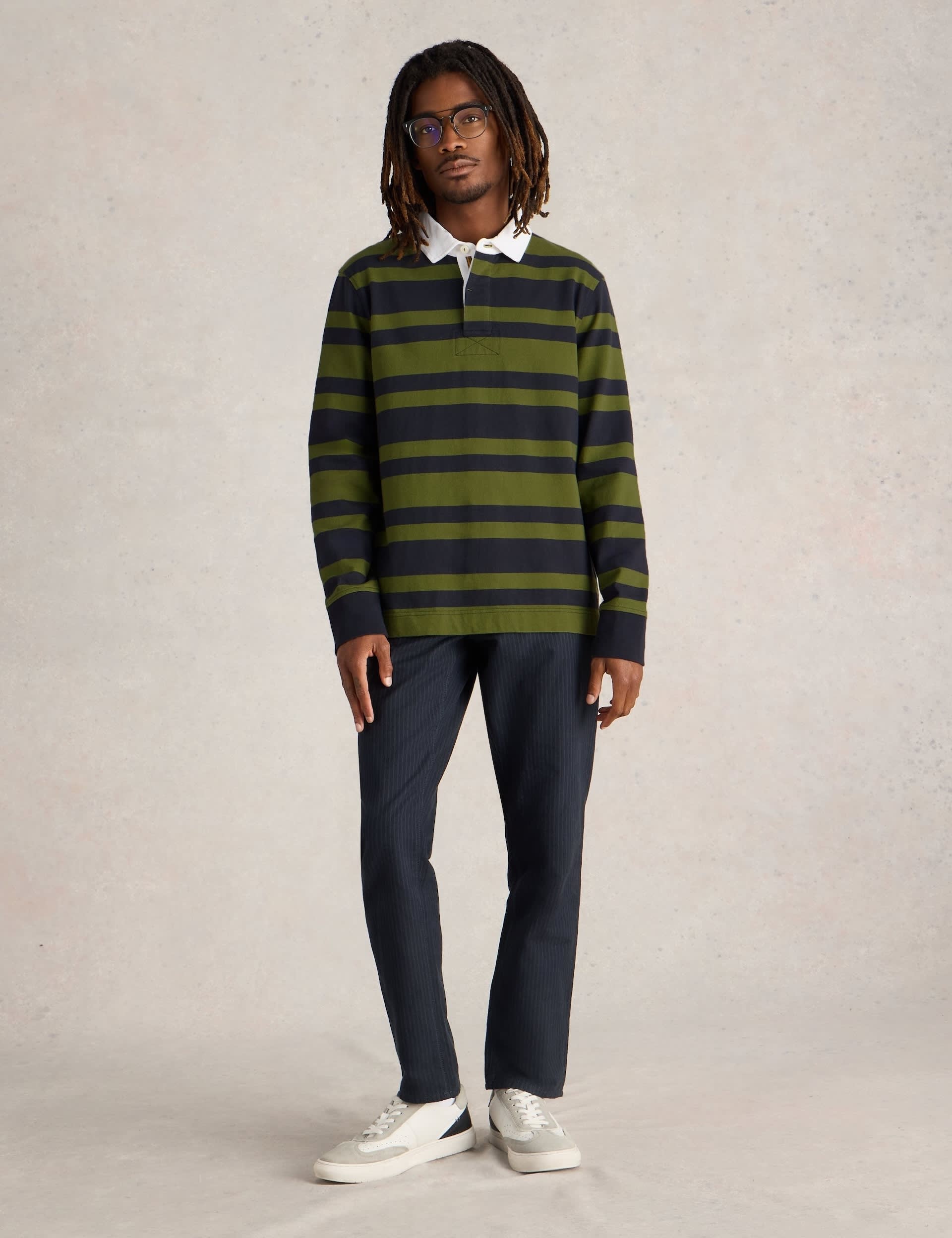 White Stuff Men's Pure Cotton Striped Long Sleeve Rugby Shirt - M - Green Mix, Green Mix,Navy Mix