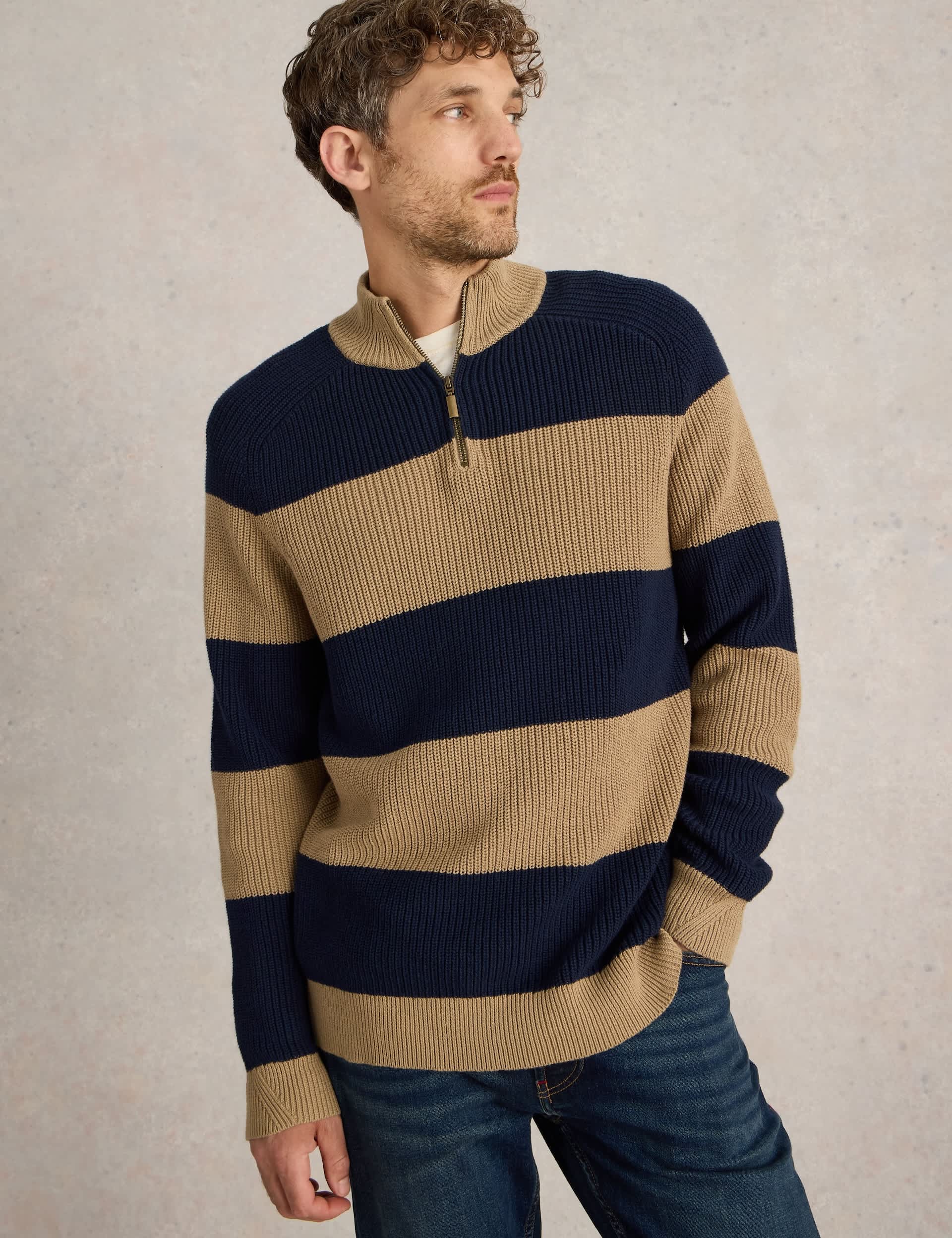 White Stuff Men's Pure Cotton Striped Funnel Neck Jumper - XL - Brown Mix, Brown Mix