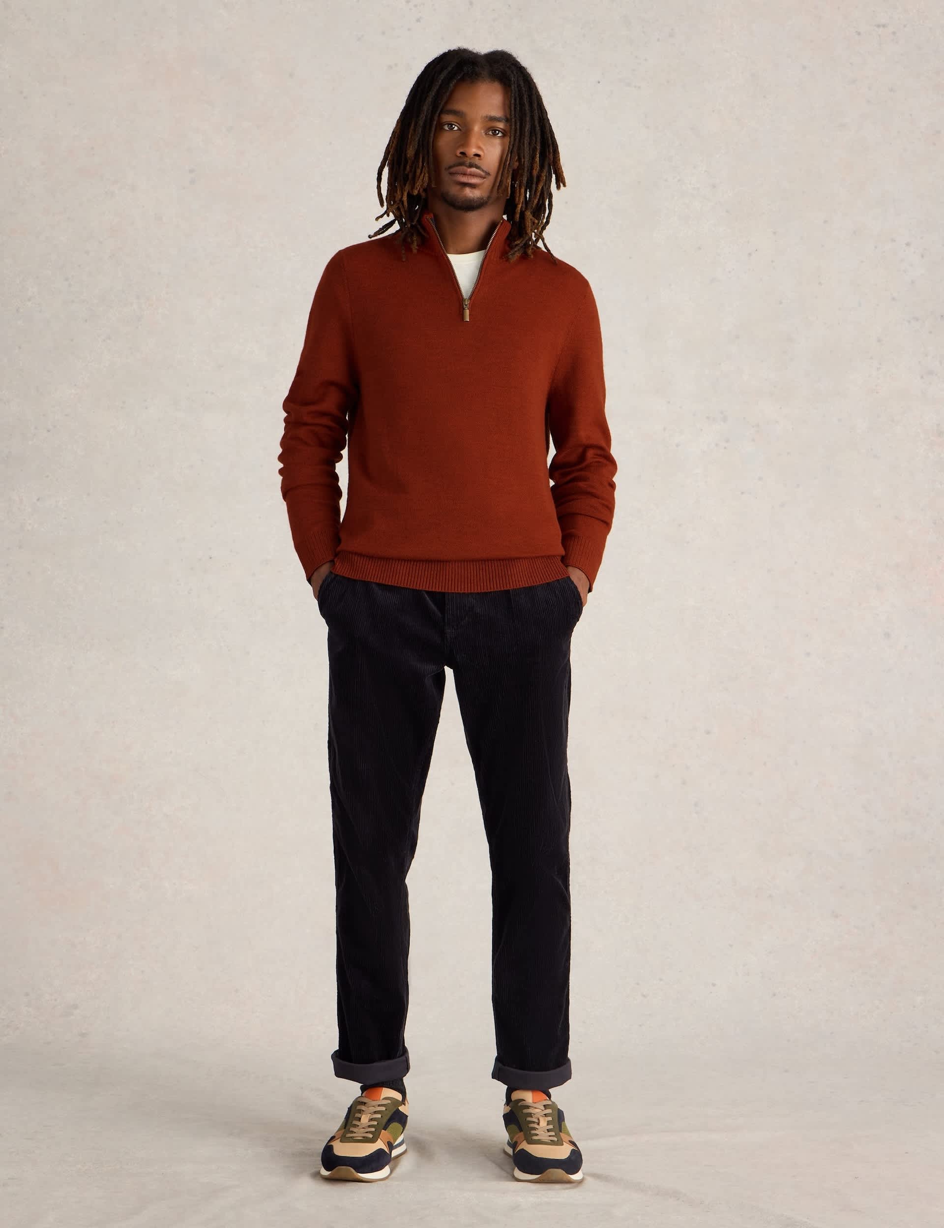 White Stuff Men's Pure Merino Wool Funnel Neck Half Zip Jumper - Orange, Green,Orange,White