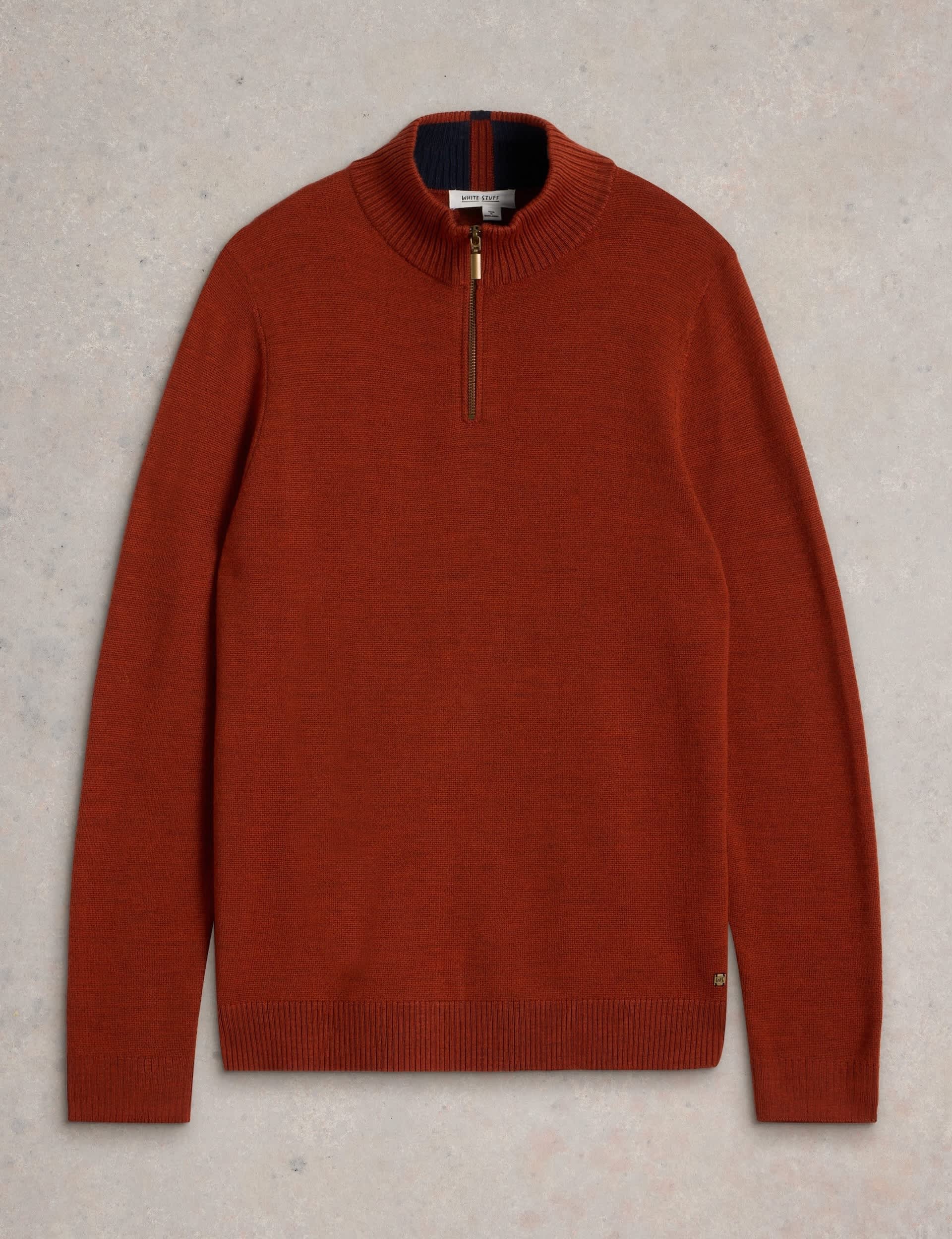 White Stuff Men's Pure Merino Wool Funnel Neck Half Zip Jumper - S - Orange, Green,Orange