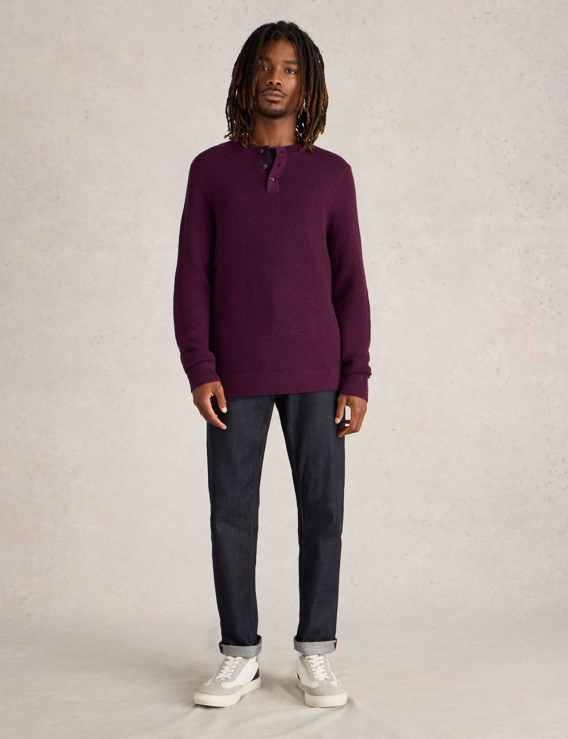 White Stuff Men's Pure Merino Wool Textured Henley Jumper - XL - Purple, Navy,Purple,Teal