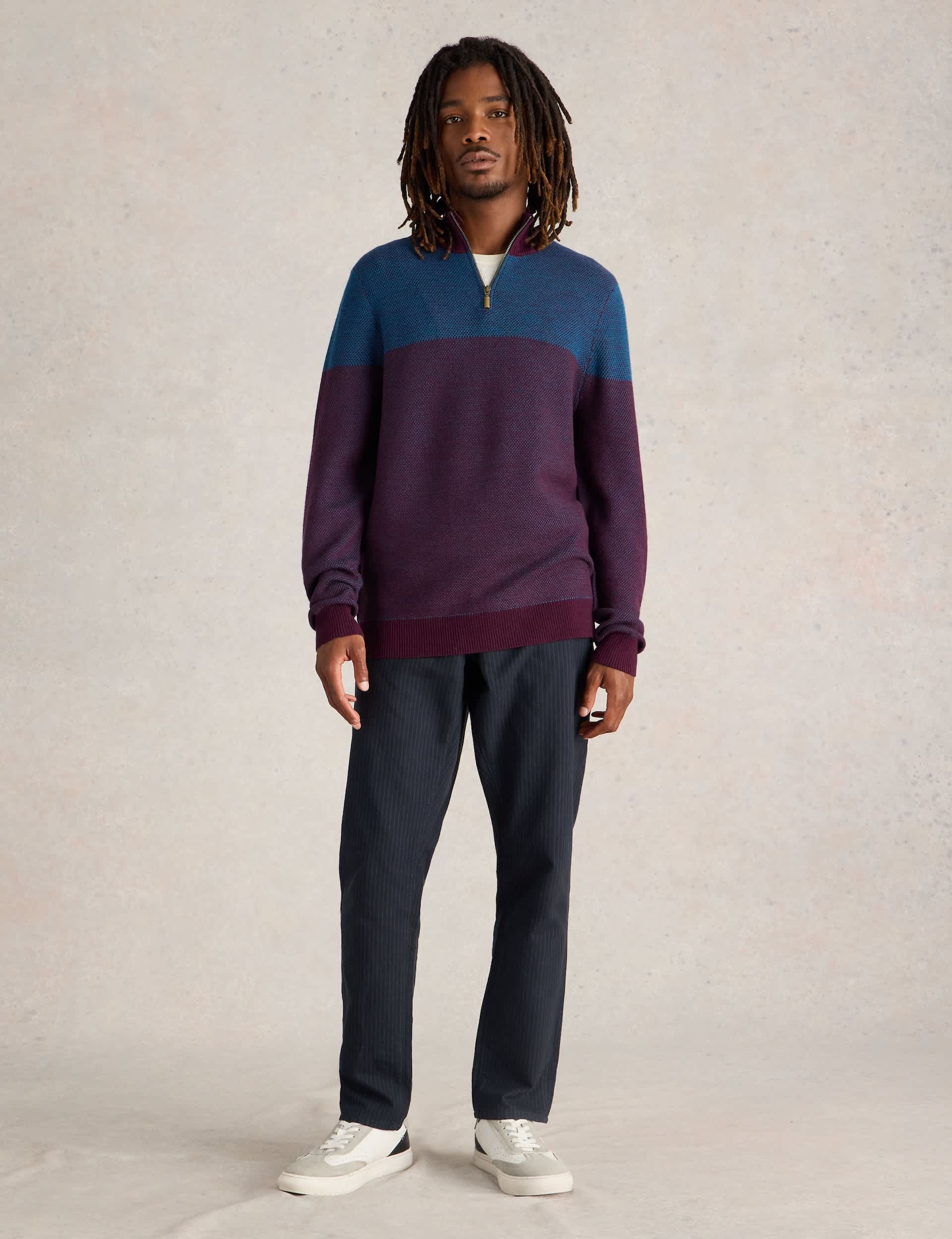 White Stuff Men's Pure Wool Funnel Neck Long Sleeve Jumper - Purple Mix, Navy Mix,Purple Mix