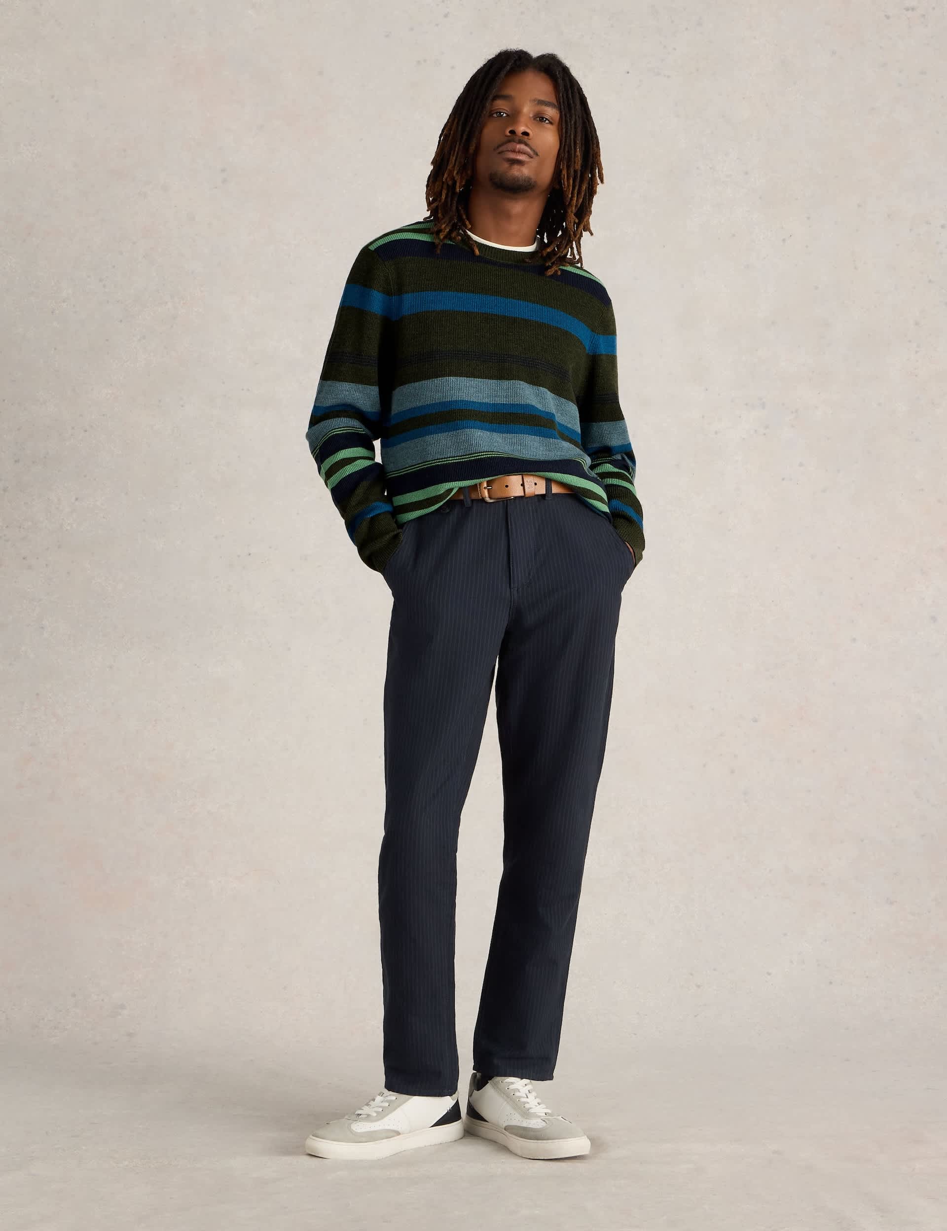 White Stuff Men's Pure Merino Wool Striped Crew Neck Jumper - Green Mix, Green Mix