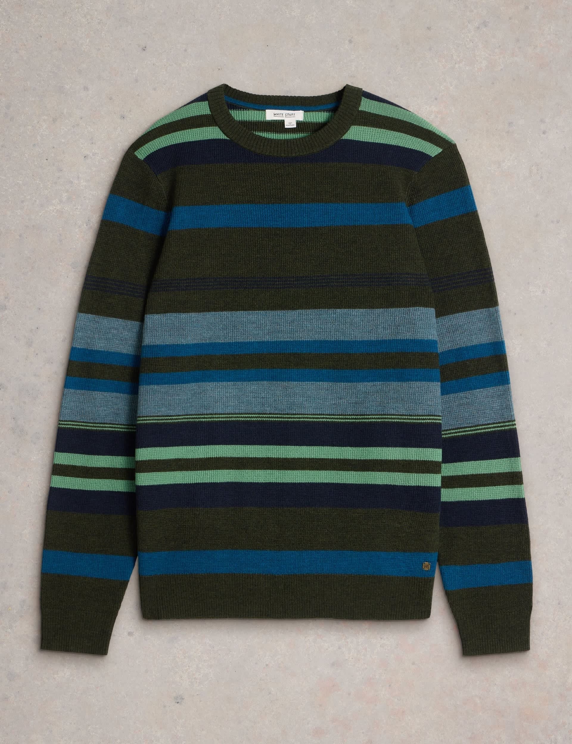 White Stuff Men's Pure Merino Wool Striped Crew Neck Jumper - Green Mix, Green Mix