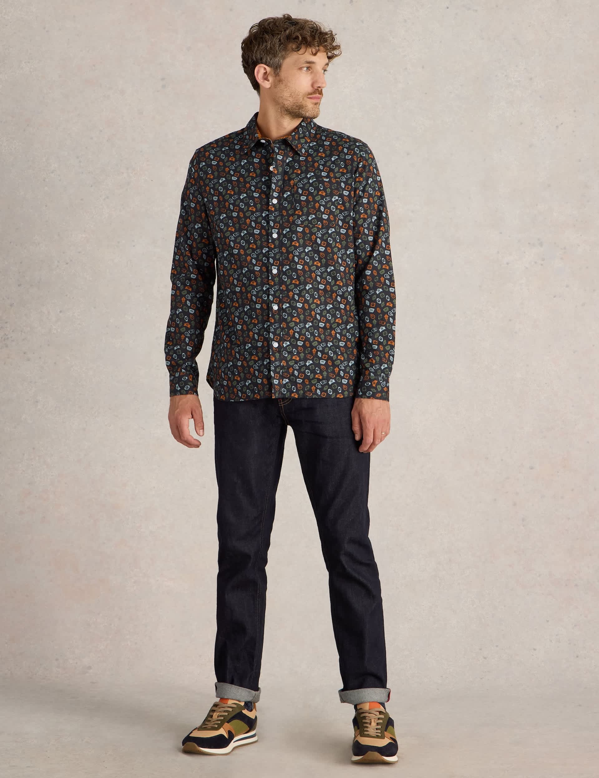 White Stuff Men's Slim Fit Cotton Rich Print Shirt - Navy Mix, Navy Mix