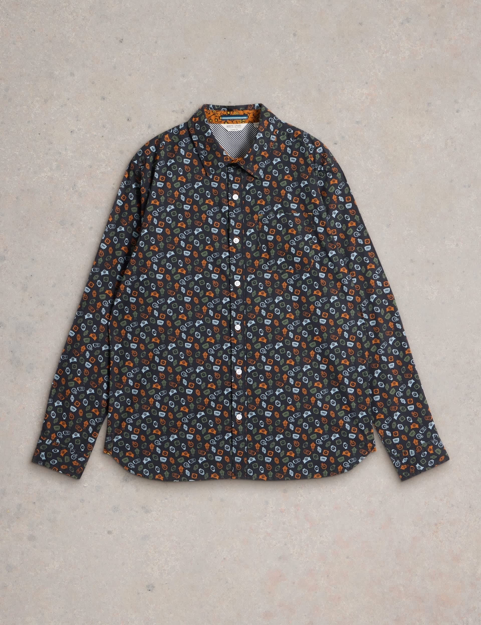 White Stuff Men's Slim Fit Cotton Rich Print Shirt - Navy Mix, Navy Mix