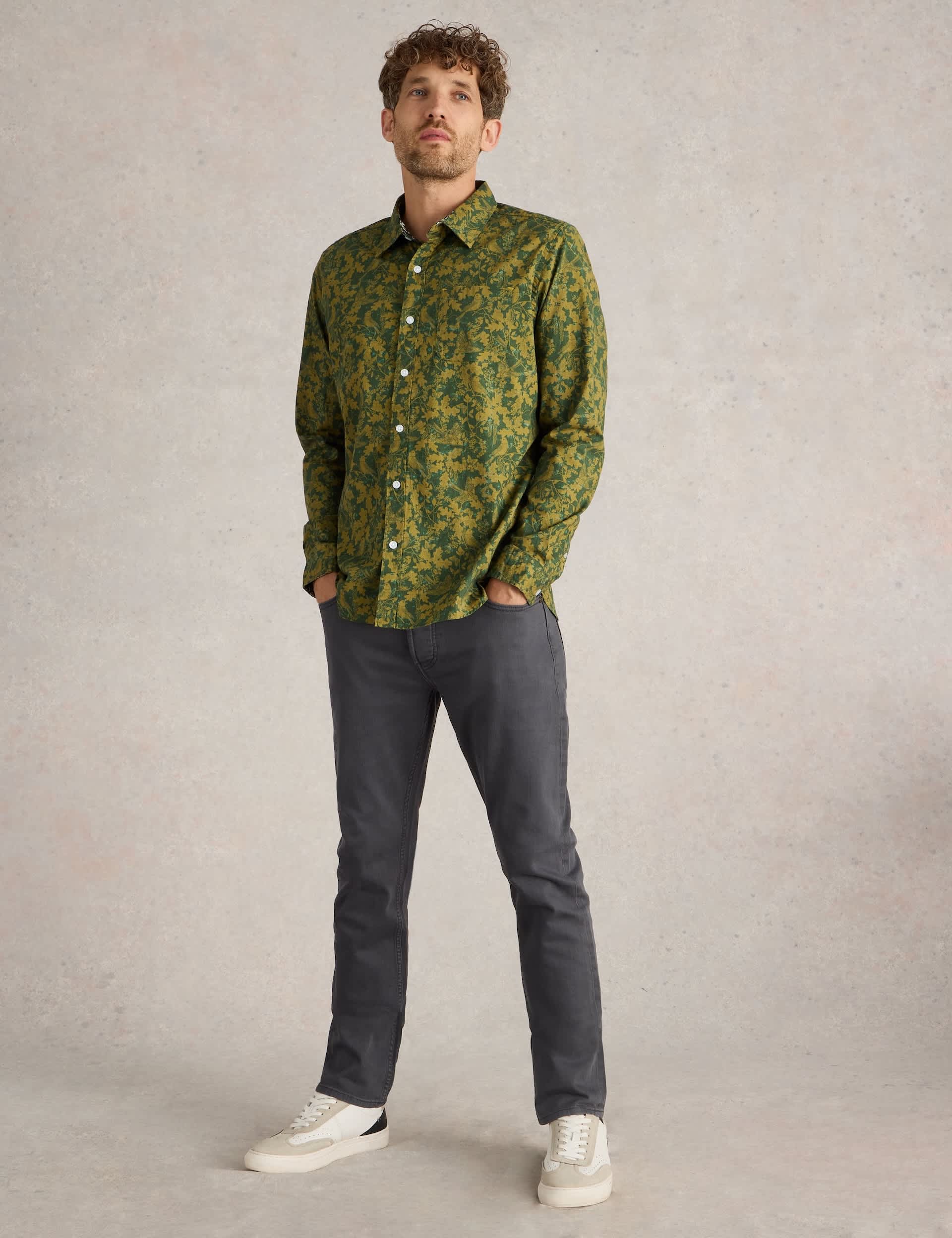 White Stuff Men's Slim Fit Cotton Rich Print Shirt - Green Mix, Green Mix