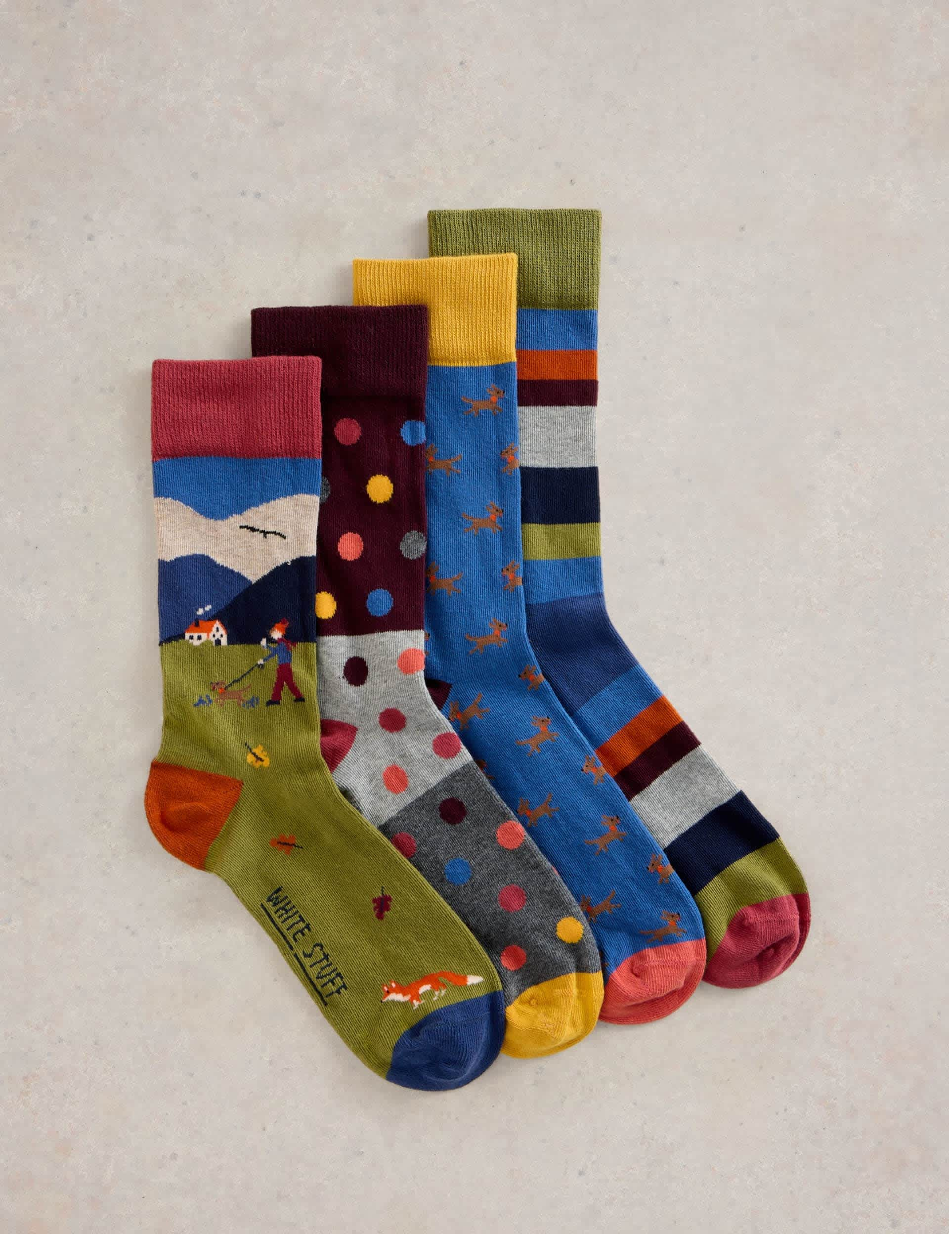 White Stuff Men's 4pk Novelty Cotton Rich Socks - 7-9 - Blue Mix, Blue Mix