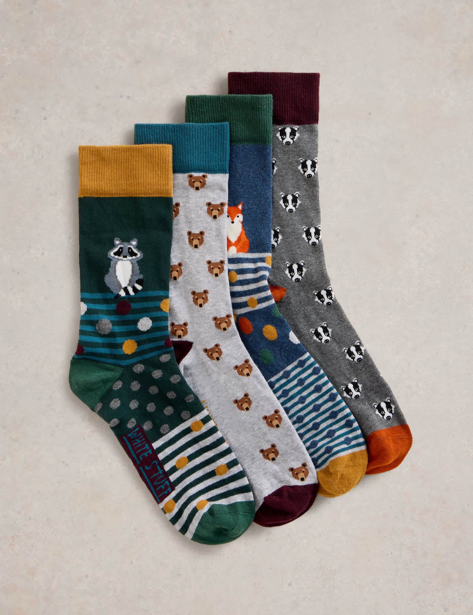 White Stuff Men's 4pk Woodland Animals Cotton Rich Socks - 7-9 - Green Mix, Green Mix