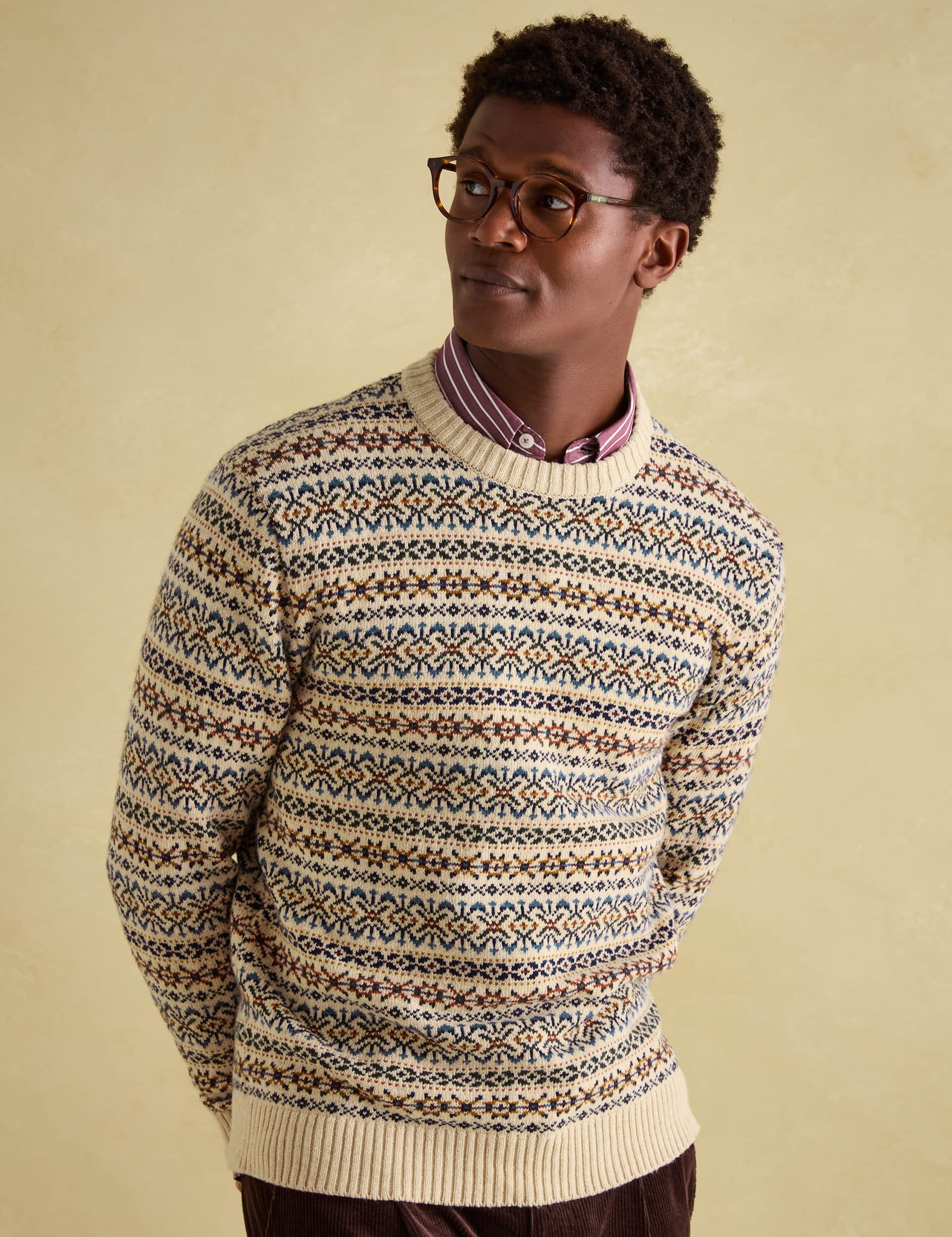 Joules Men's Pure Cotton Fair Isle Crew Neck Jumper - Cream Mix, Cream Mix,Navy