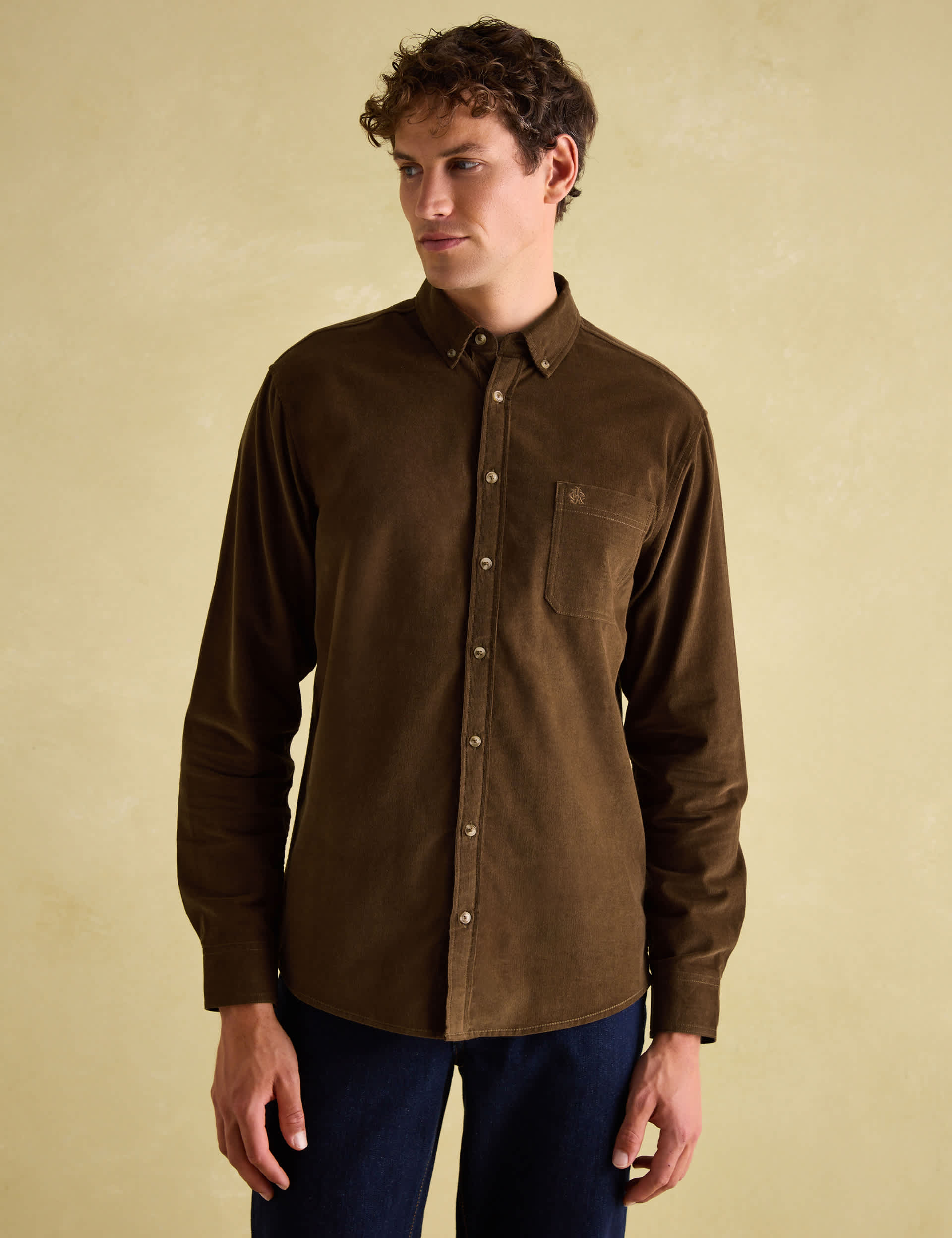 Joules Men's Corduroy Oxford Shirt - L - Brown, Navy,Brown