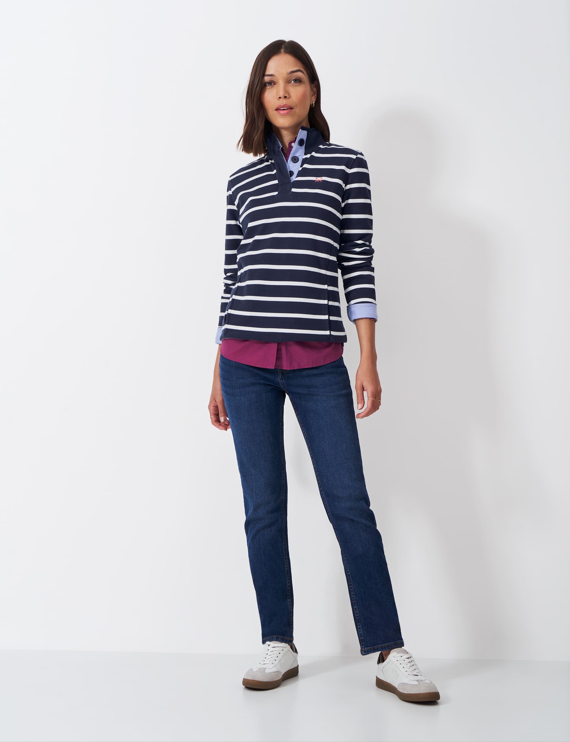 Crew Clothing Women's Pure Cotton Striped Funnel Neck Sweatshirt - 12 - Blue Mix, Blue Mix