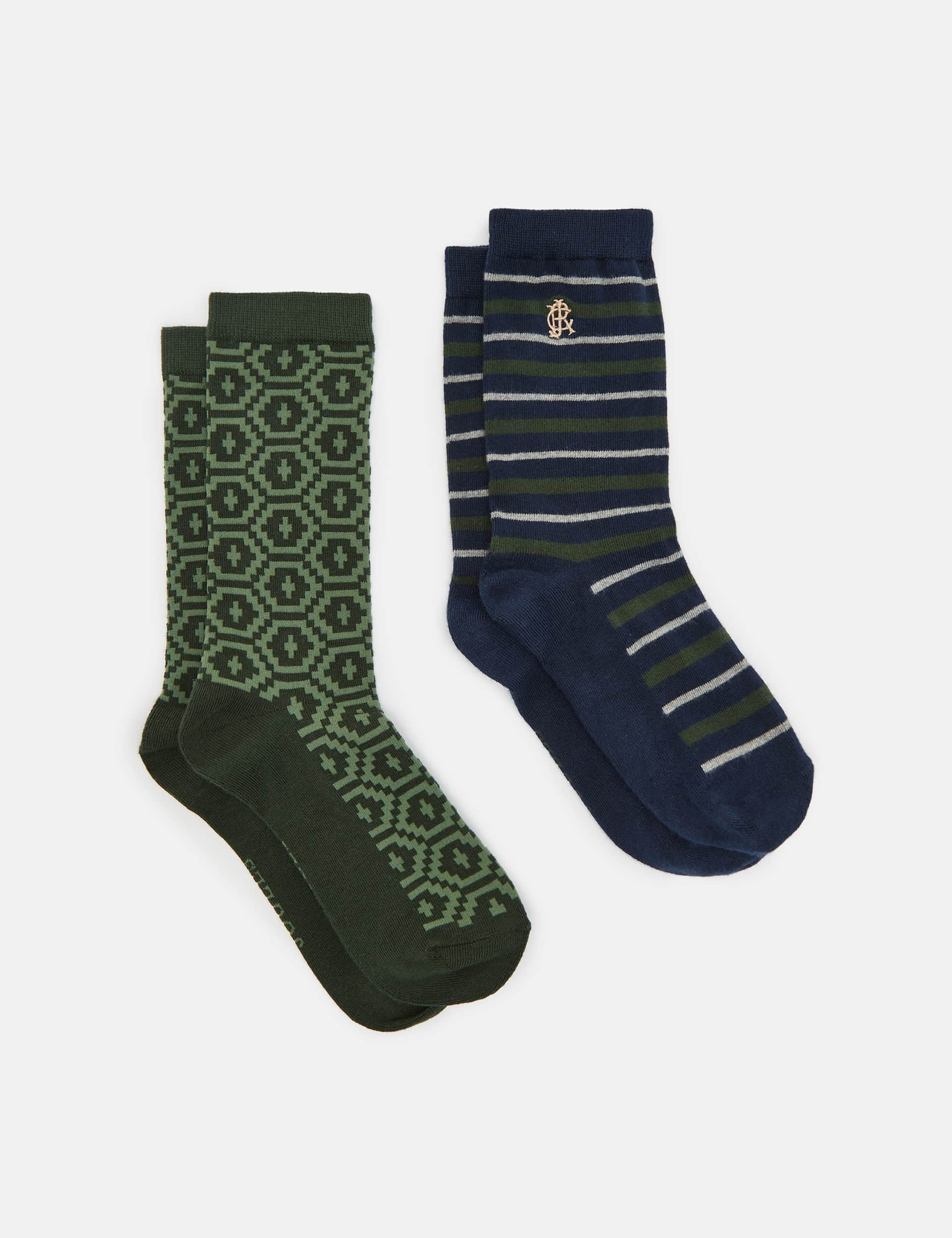 Joules Men's 2 Pack Cotton Rich Socks - Khaki Mix, Khaki Mix