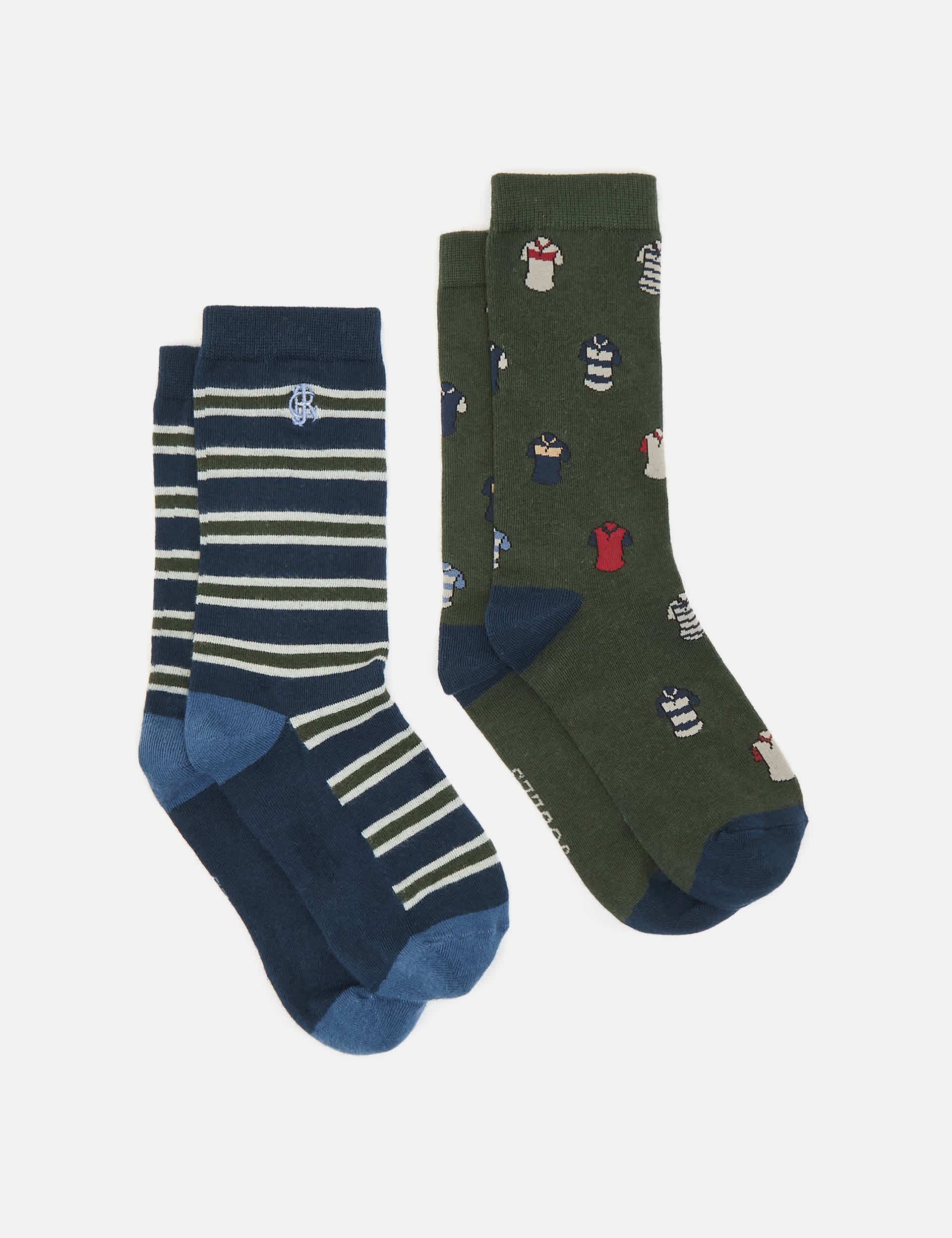 Joules Men's 2pk Striped & Rugby Shirt Cotton Rich Socks - Green Mix, Green Mix