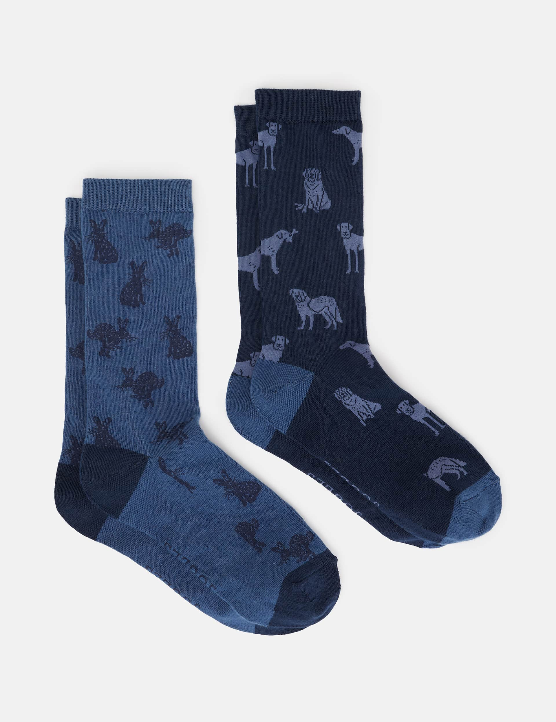 Joules Men's 2pk Dog & Rabbit Cotton Rich Socks - Blue Mix, Blue Mix