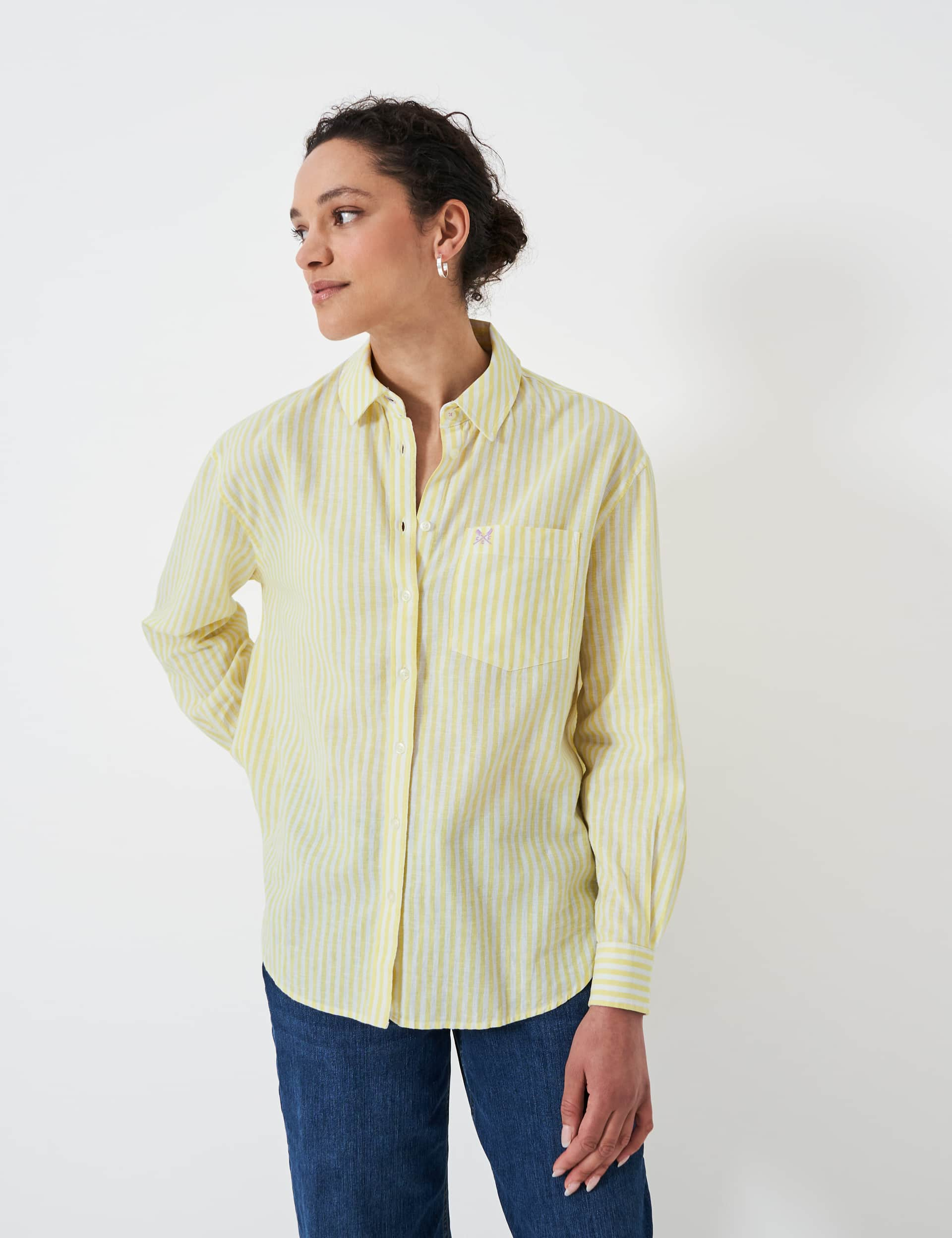 Crew Clothing Women's Linen Rich Striped Collared Relaxed Shirt - 12 - Lemon, Lemon