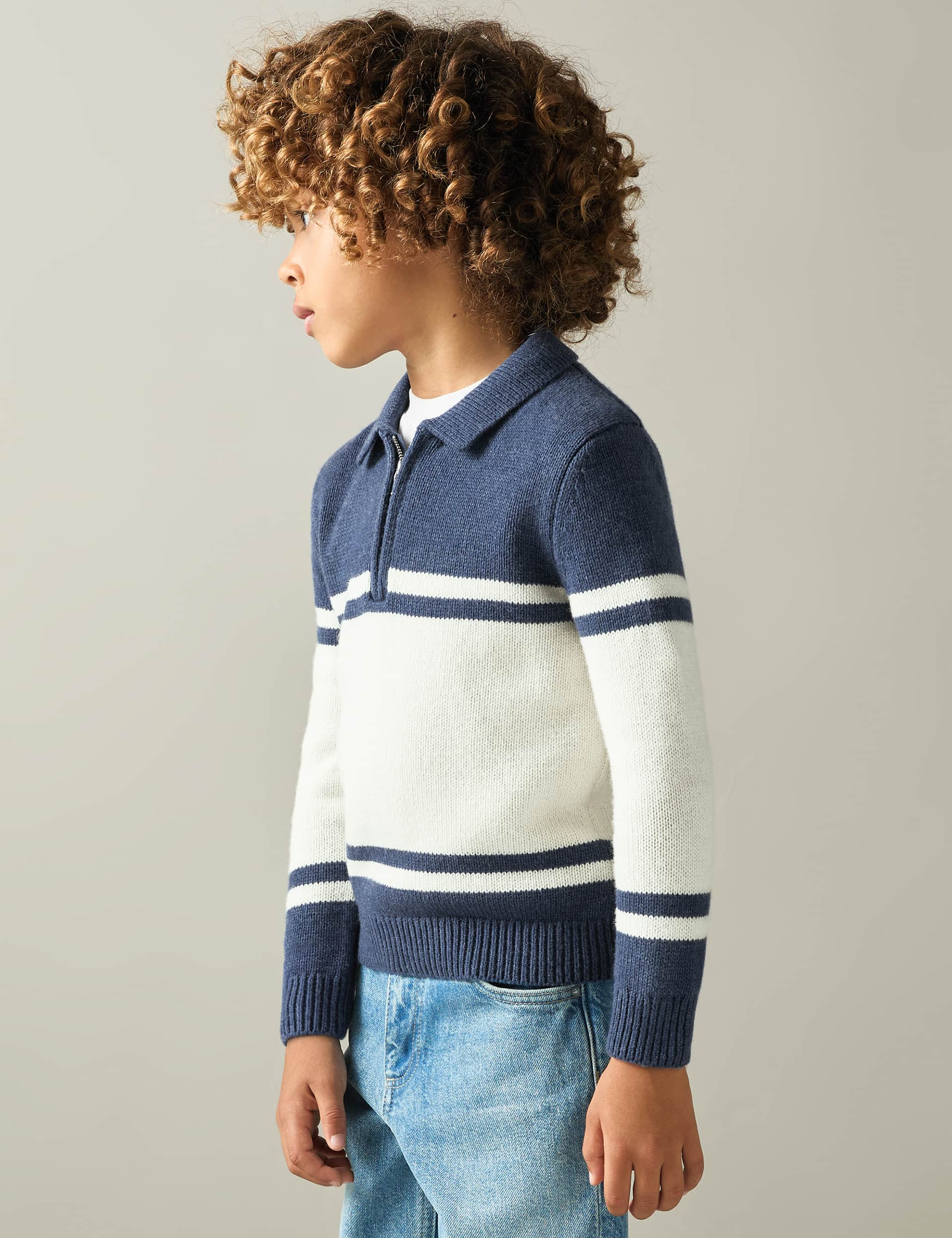 Reiss Boys Striped Half Zip Knitted Polo Shirt (3-14 Yrs) - 8-9 Y - Blue Mix, Blue Mix