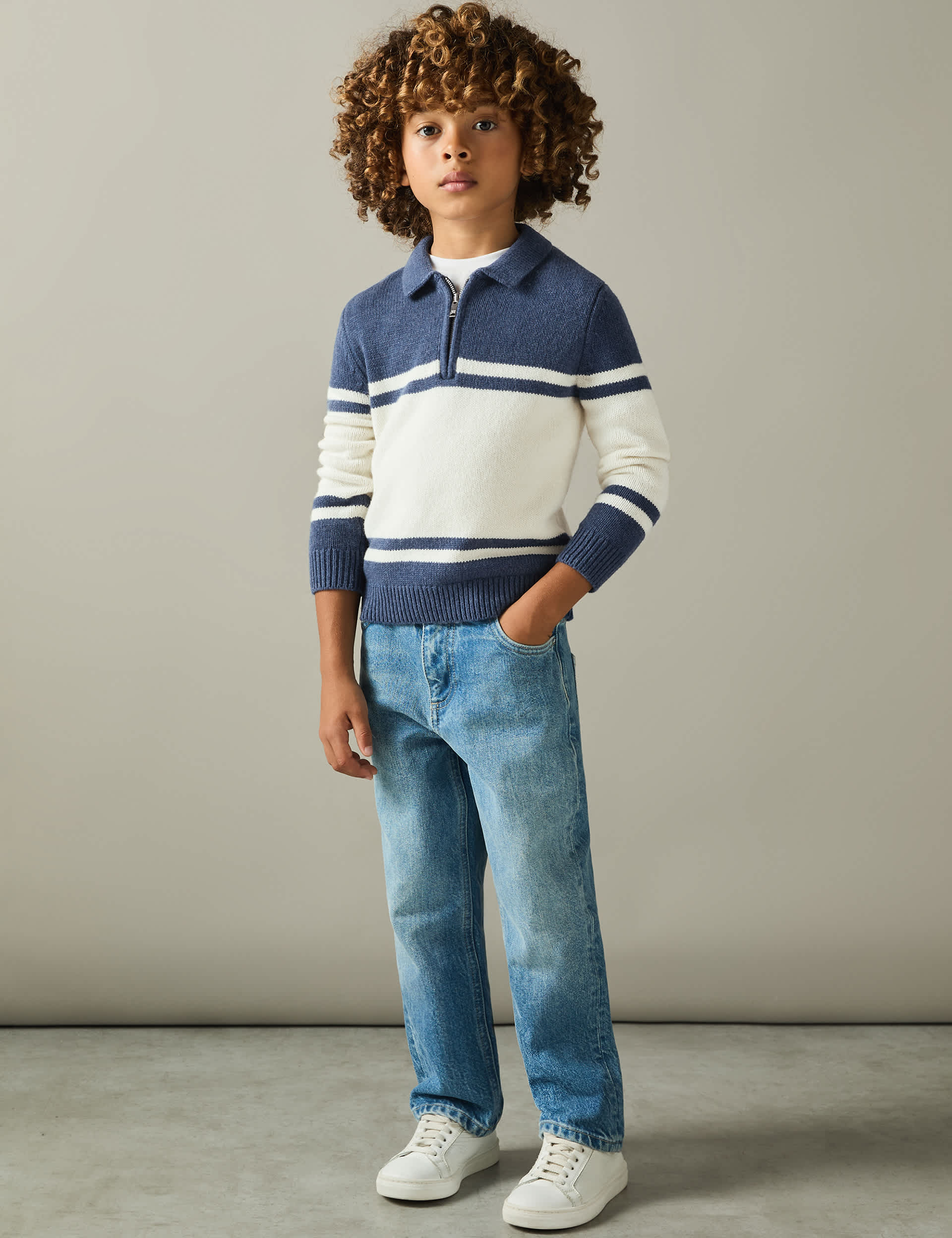 Reiss Boys Striped Half Zip Knitted Polo Shirt (3-14 Yrs) - 9-10Y - Blue Mix, Blue Mix