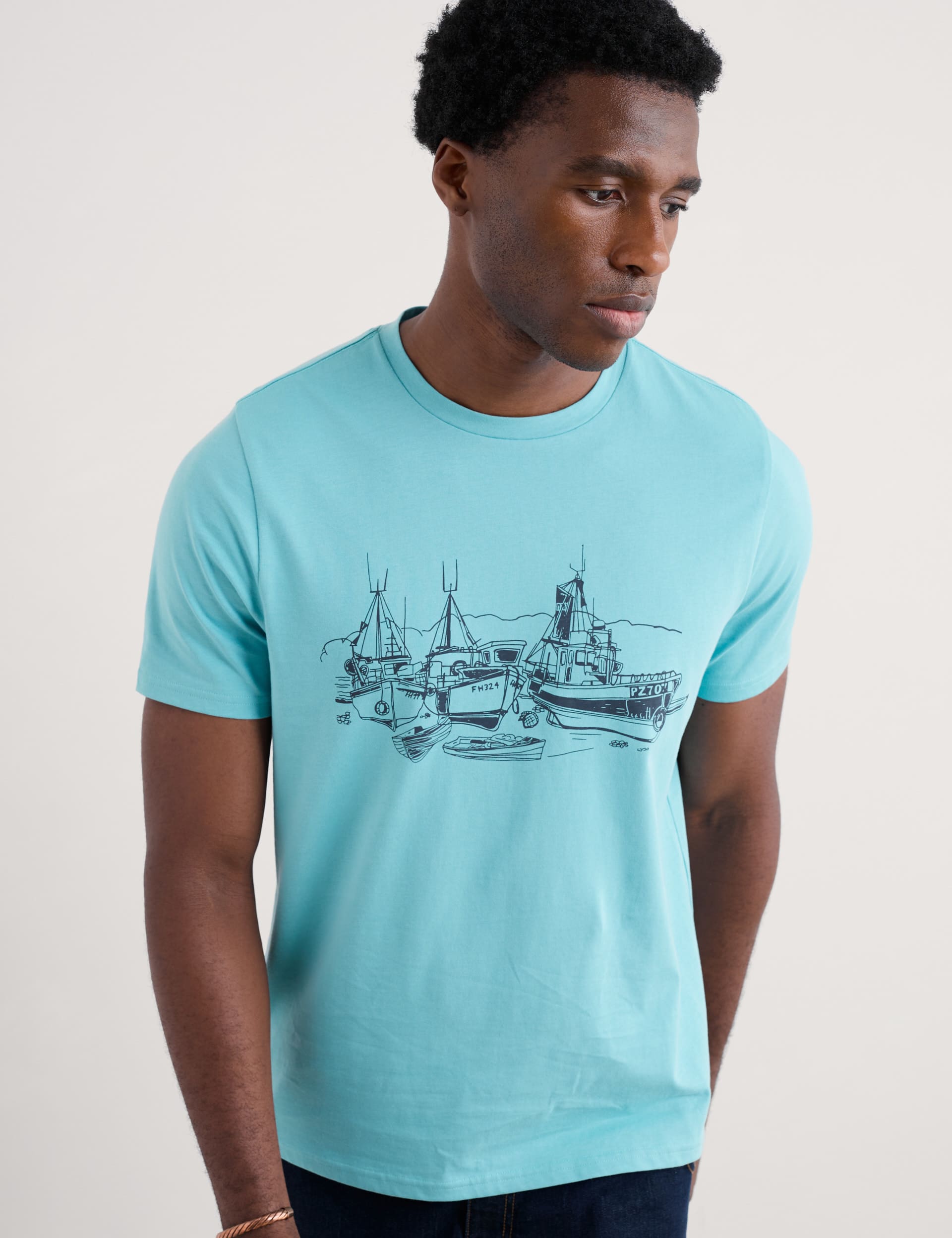 Seasalt Cornwall Men's Pure Cotton Boat Graphic T-Shirt - L - Teal Mix, Teal Mix