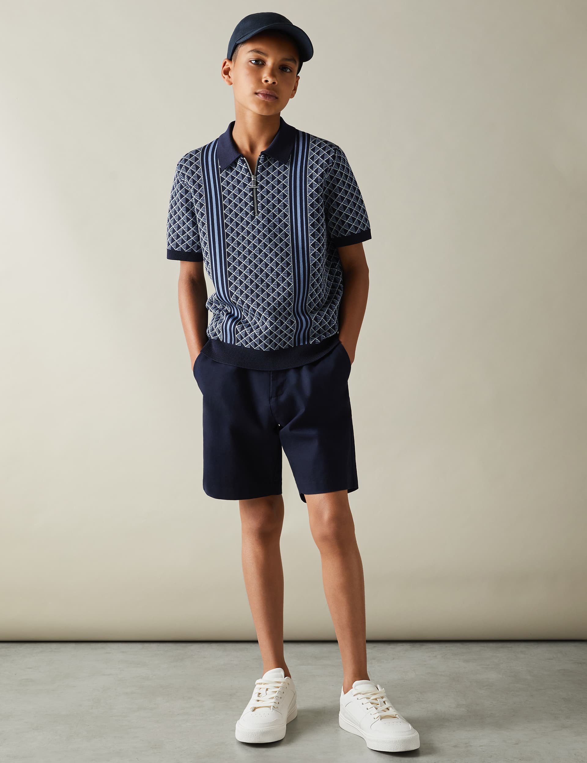 Reiss Boys Knitted Geometric Half Zip Polo Shirt (3-14 Yrs) - 6-7 Y - Blue Mix, Blue Mix