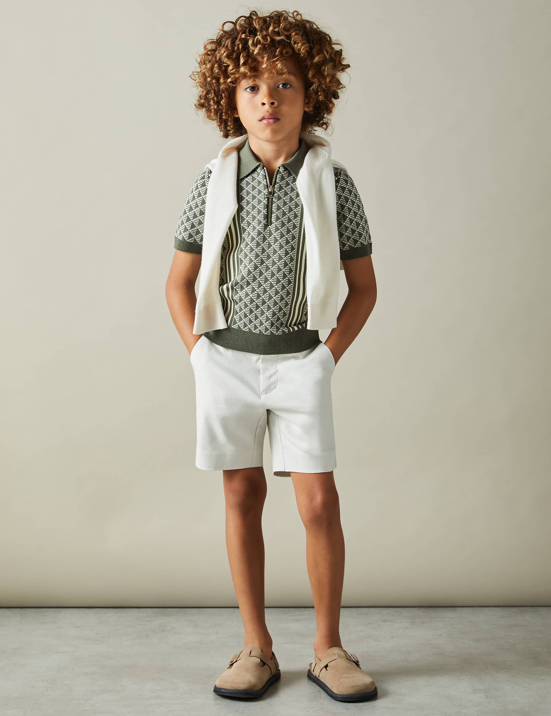 Reiss Boys Knitted Geometric Half Zip Polo Shirt (3-14 Yrs) - 9-10Y - White Mix, White Mix