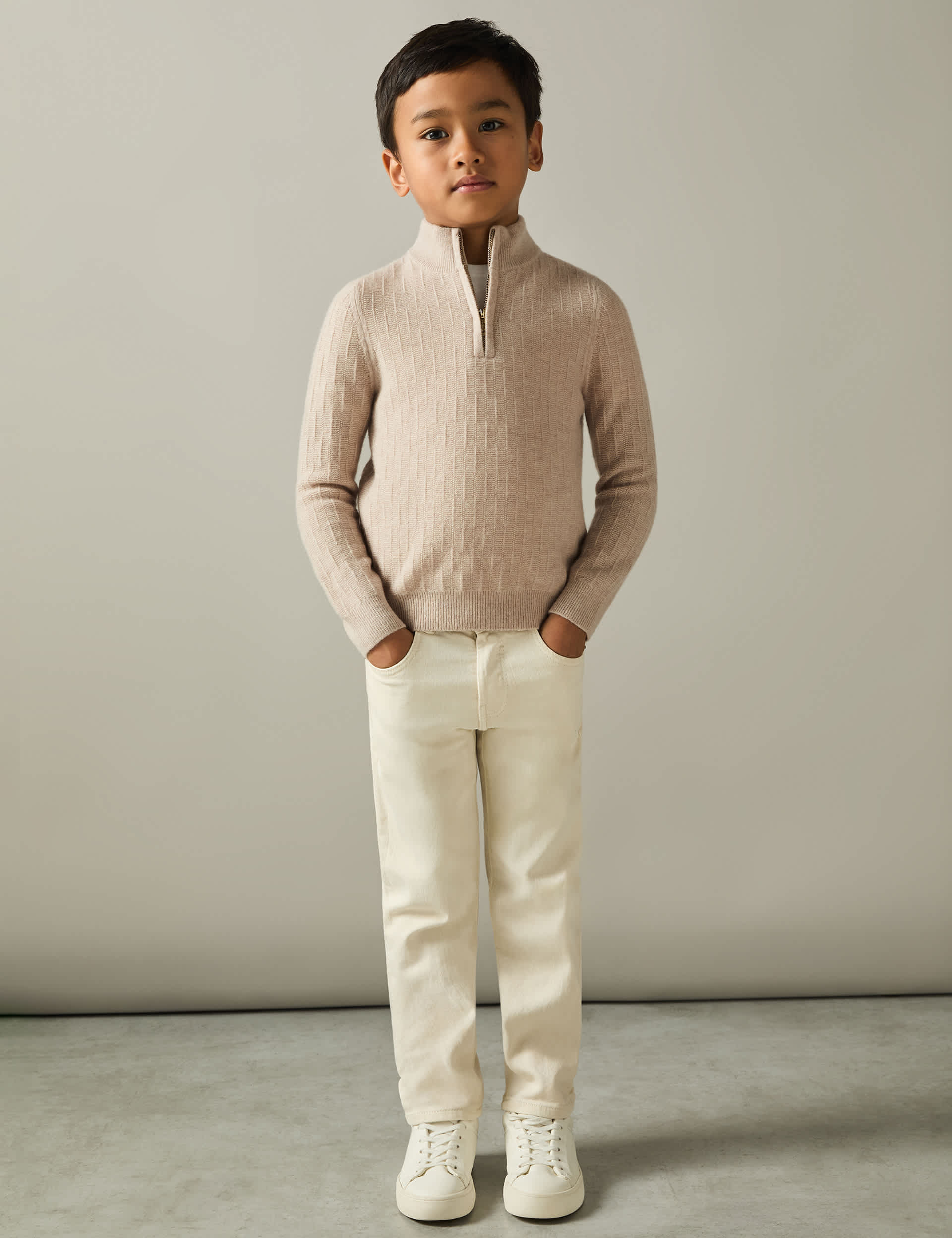 Reiss Boys Pure Wool Textured Half Zip Jumper (3-14 Yrs) - 7-8 Y - Natural, Natural