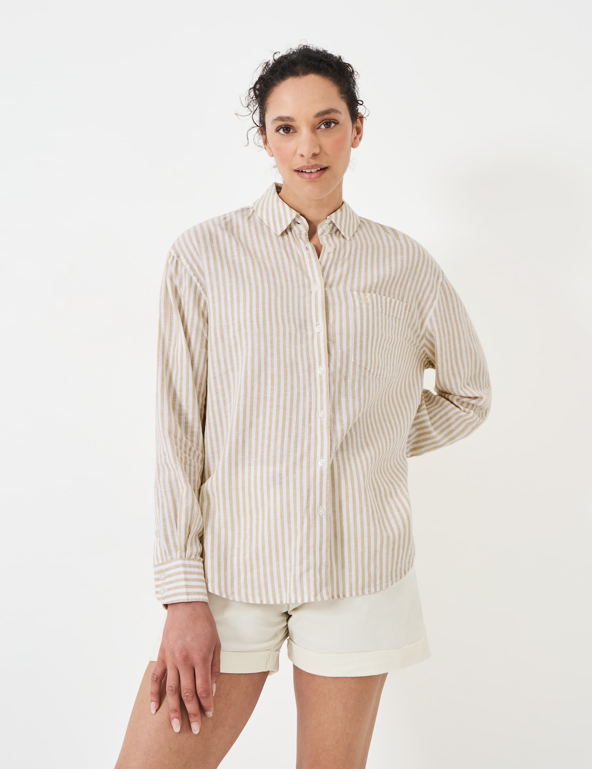 Crew Clothing Women's Linen Rich Striped Collared Relaxed Shirt - 12 - Light Brown, Light Brown