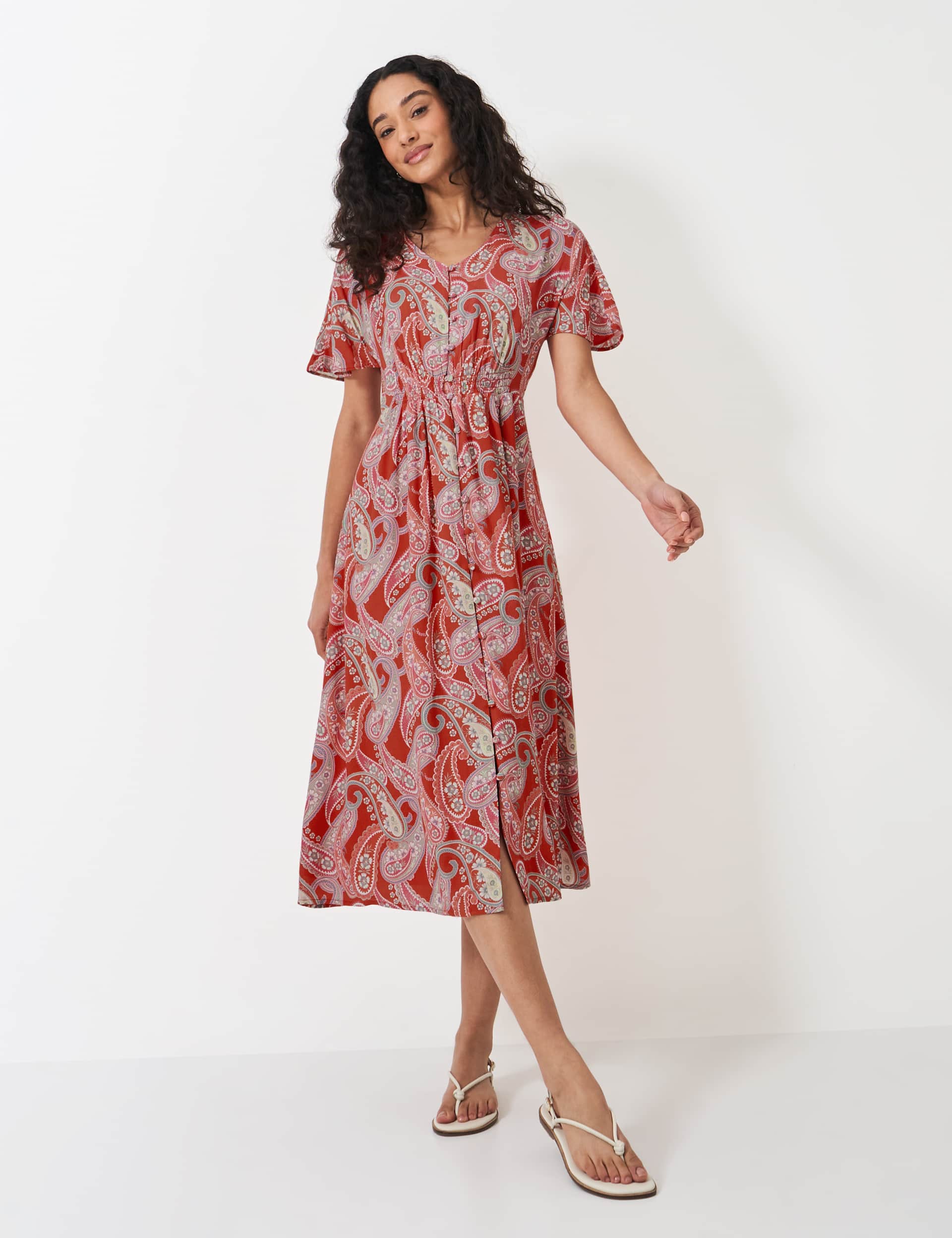 Crew Clothing Women's Paisley V-Neck Shirred Detail Midi Tea Dress