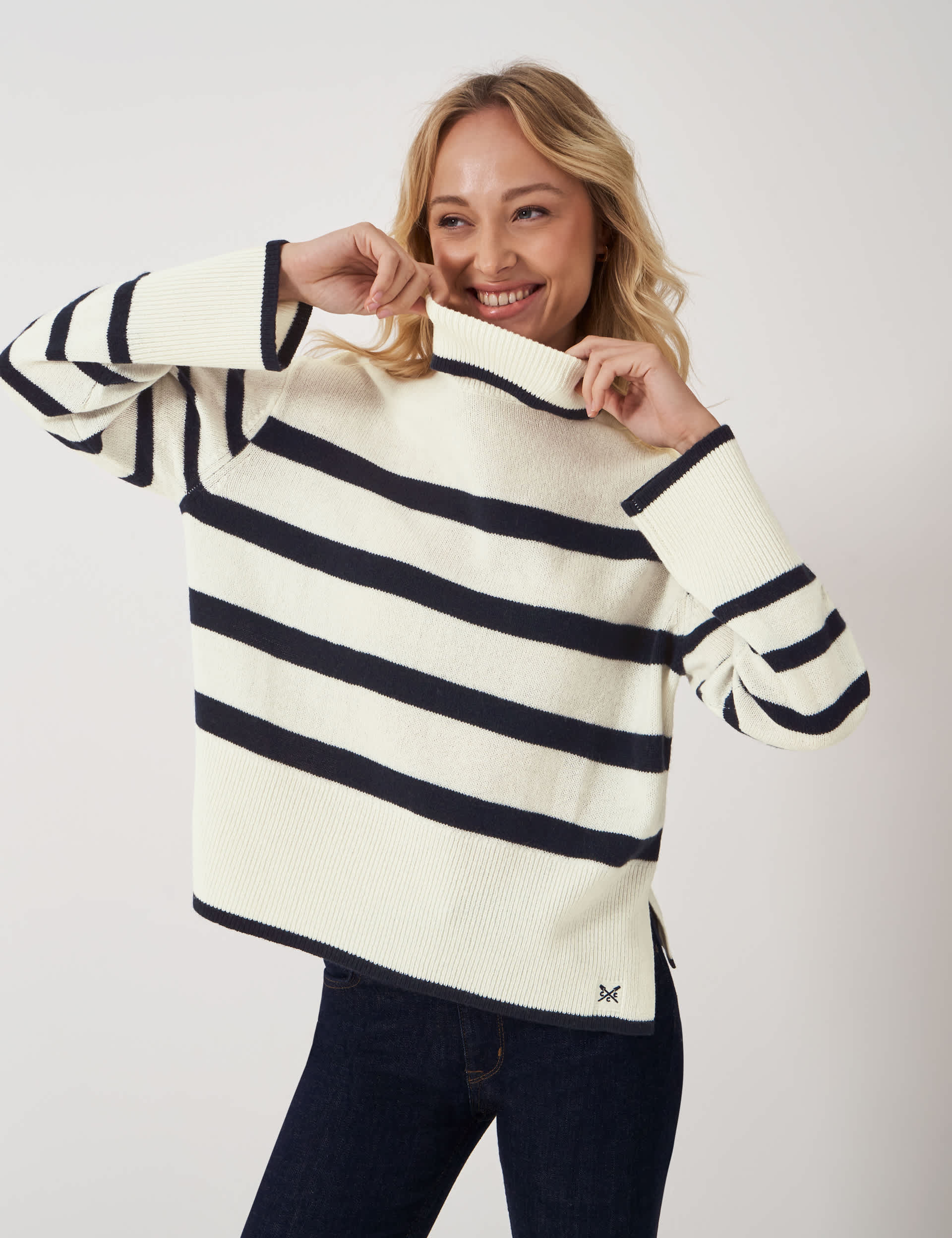 Crew Clothing Women's Merino Wool Rich Striped Roll Neck Jumper - 12 - Ivory Mix, Ivory Mix,Pink Mix